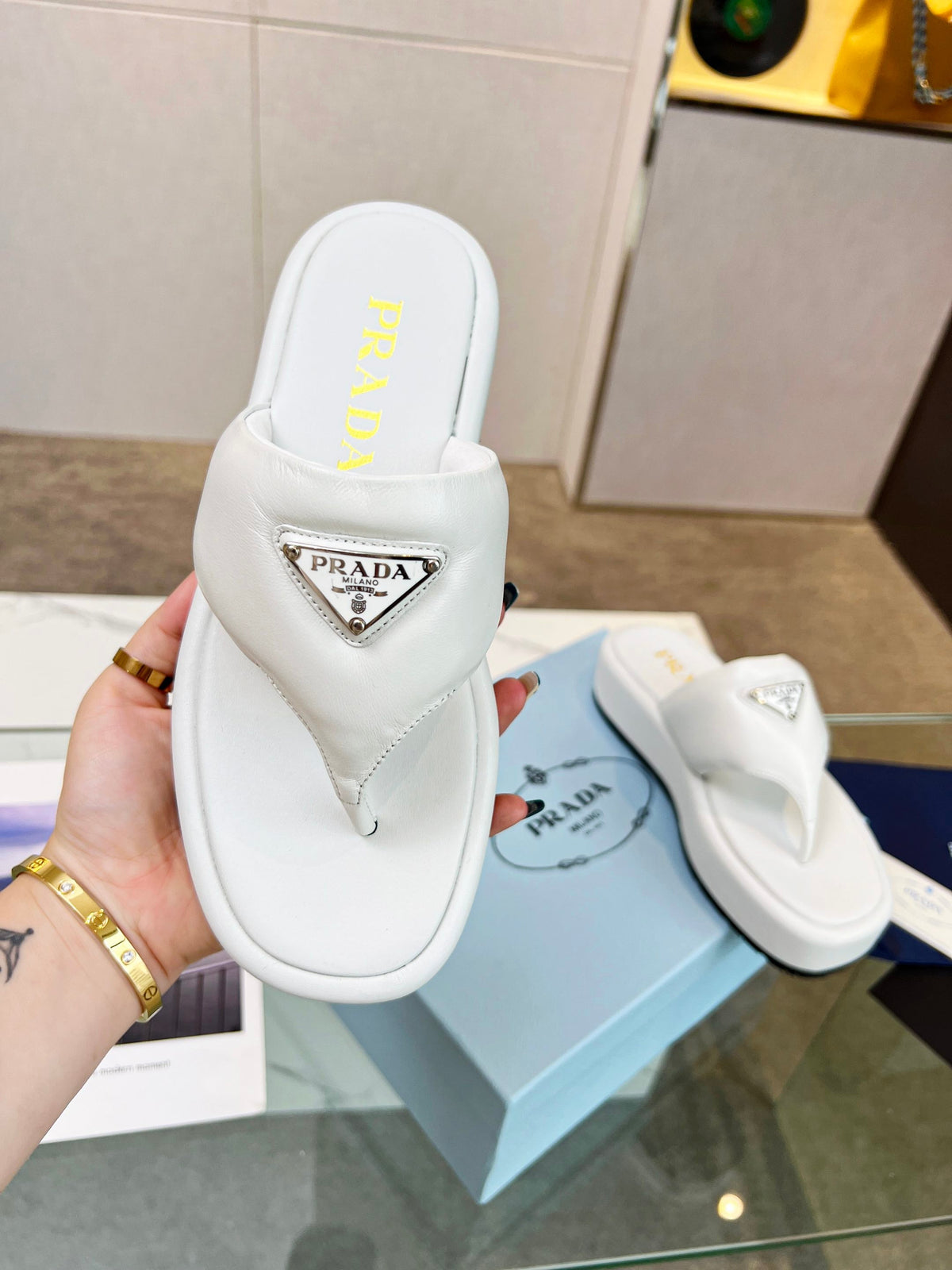 Prada 26s Platform Thong Sandals White Leather 140400