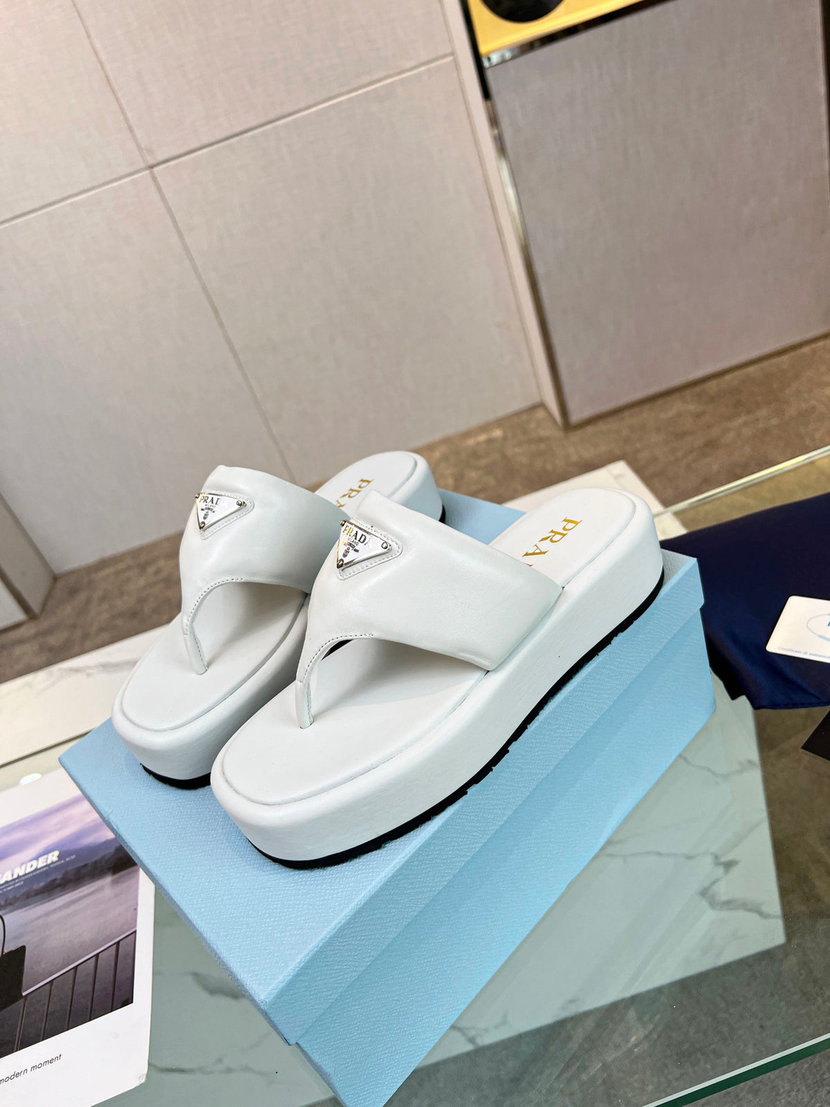 Prada 26s Platform Thong Sandals White Leather 140400