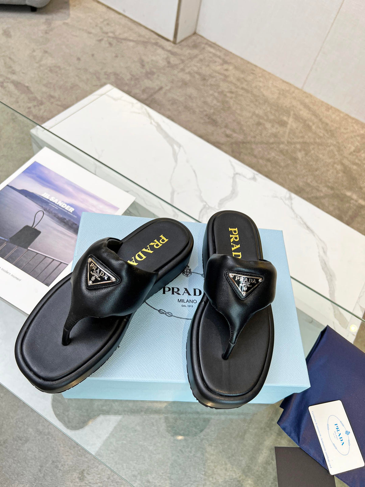 Prada 26s Platform Thong Sandals Black Leather 140401