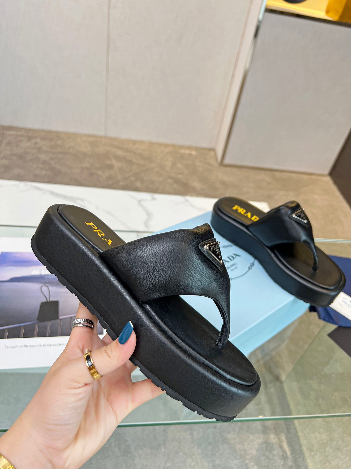 Prada 26s Platform Thong Sandals Black Leather 140401