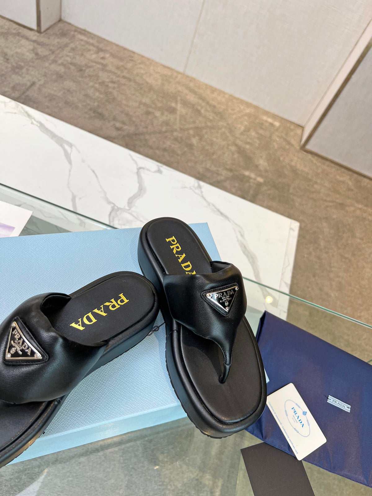 Prada 26s Platform Thong Sandals Black Leather 140401