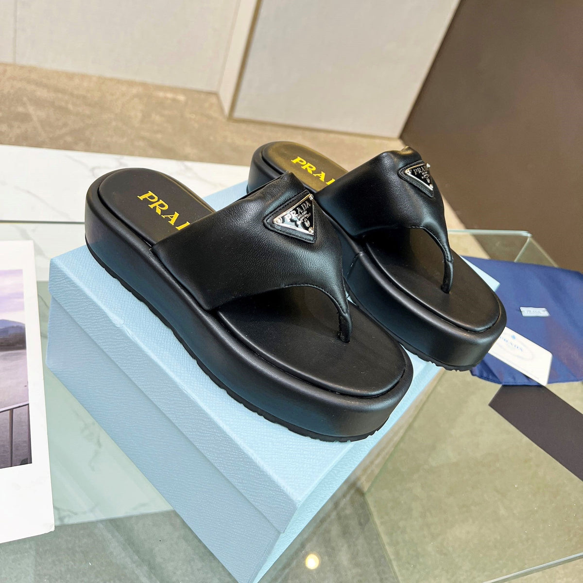 Prada 26s Platform Thong Sandals Black Leather 140401