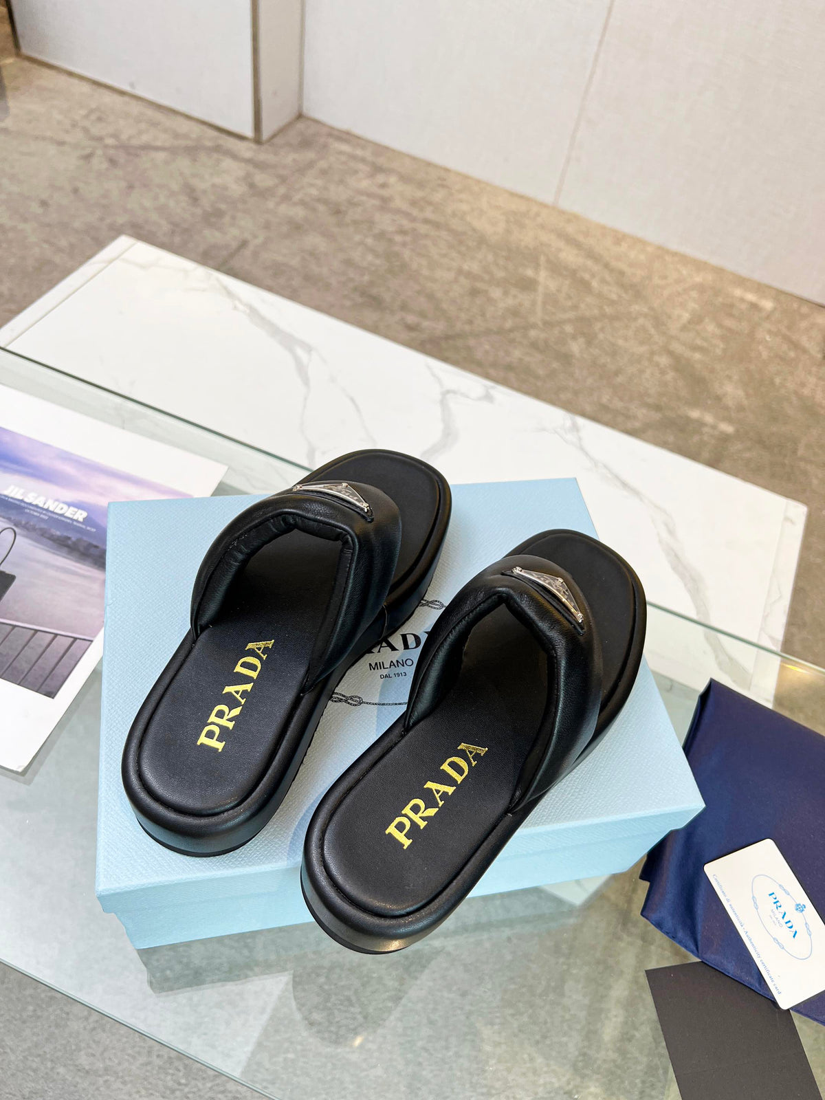 Prada 26s Platform Thong Sandals Black Leather 140401