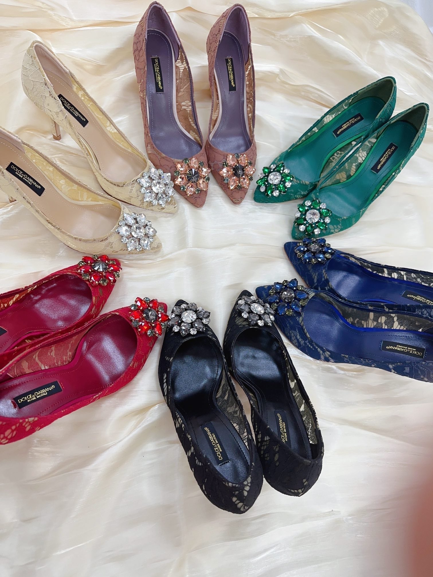 DC Floral Crystal Pumps Deep Blue-Green Genuine Leather & Lace 324774