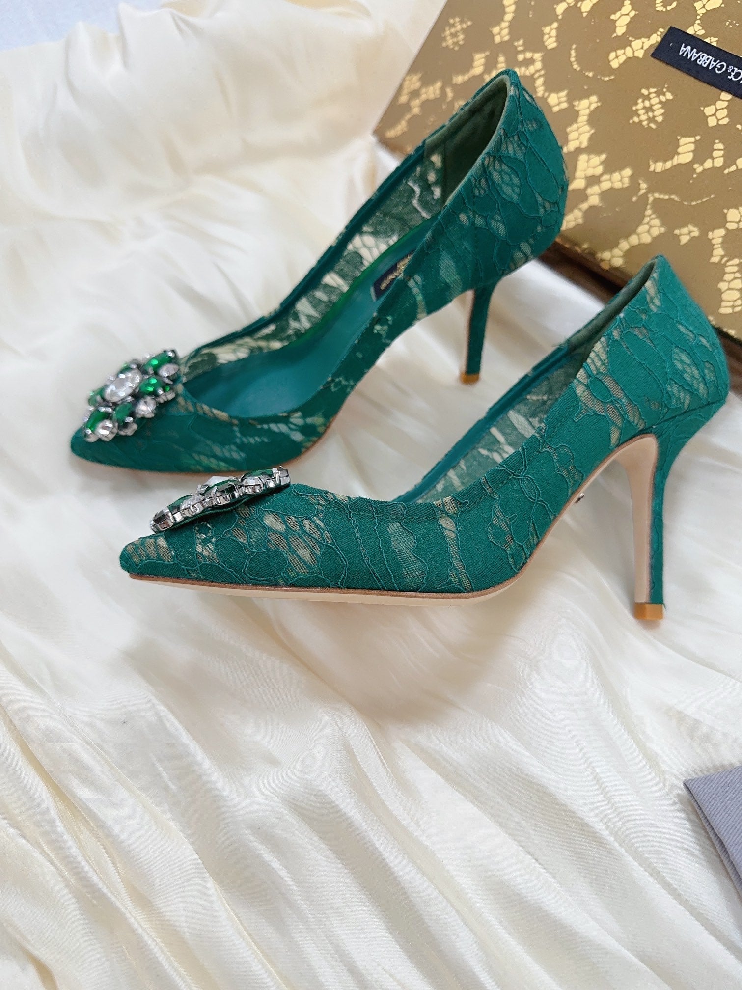 DC Floral Crystal Pumps Deep Blue-Green Genuine Leather & Lace 324774