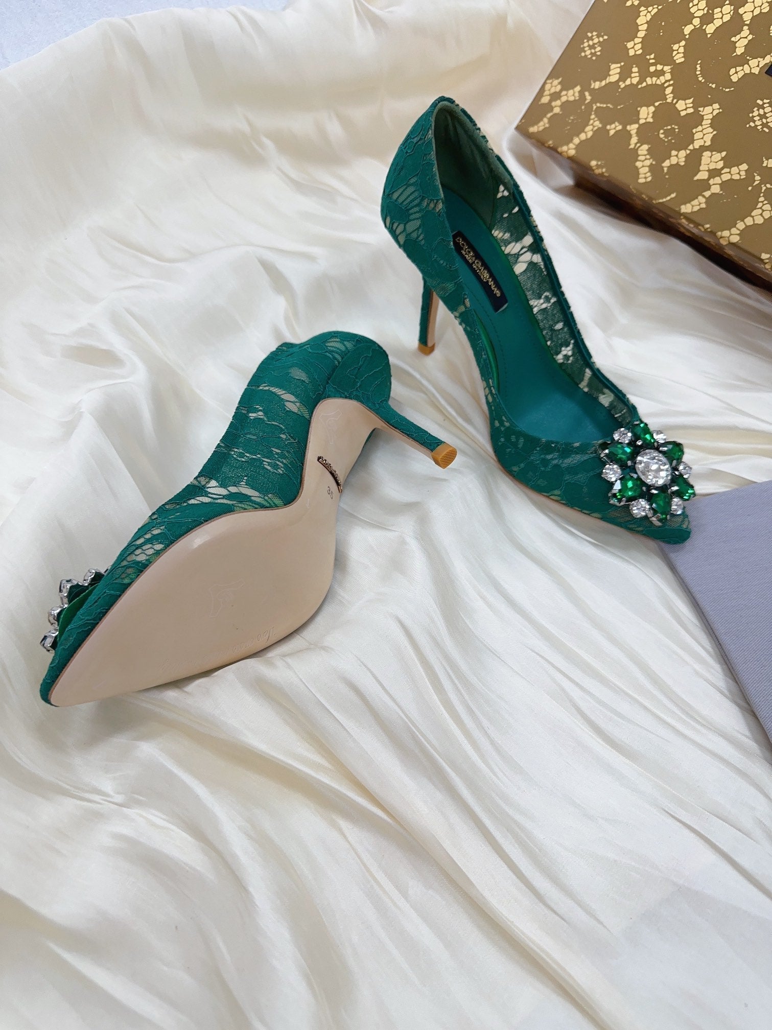 DC Floral Crystal Pumps Deep Blue-Green Genuine Leather & Lace 324774