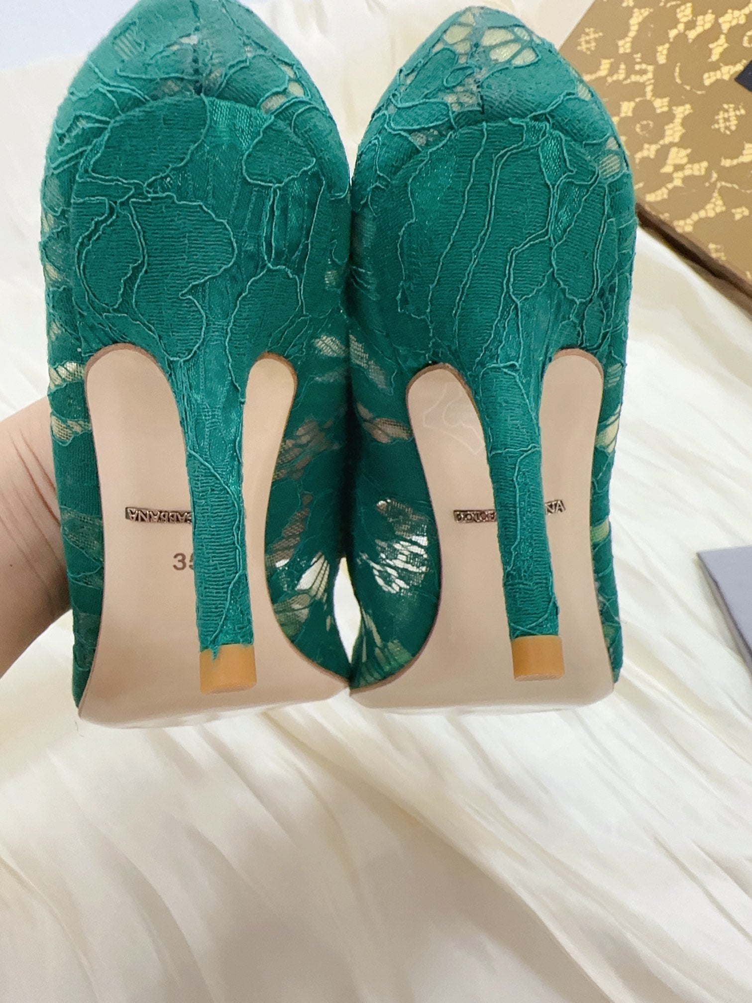 DC Floral Crystal Pumps Deep Blue-Green Genuine Leather & Lace 324774