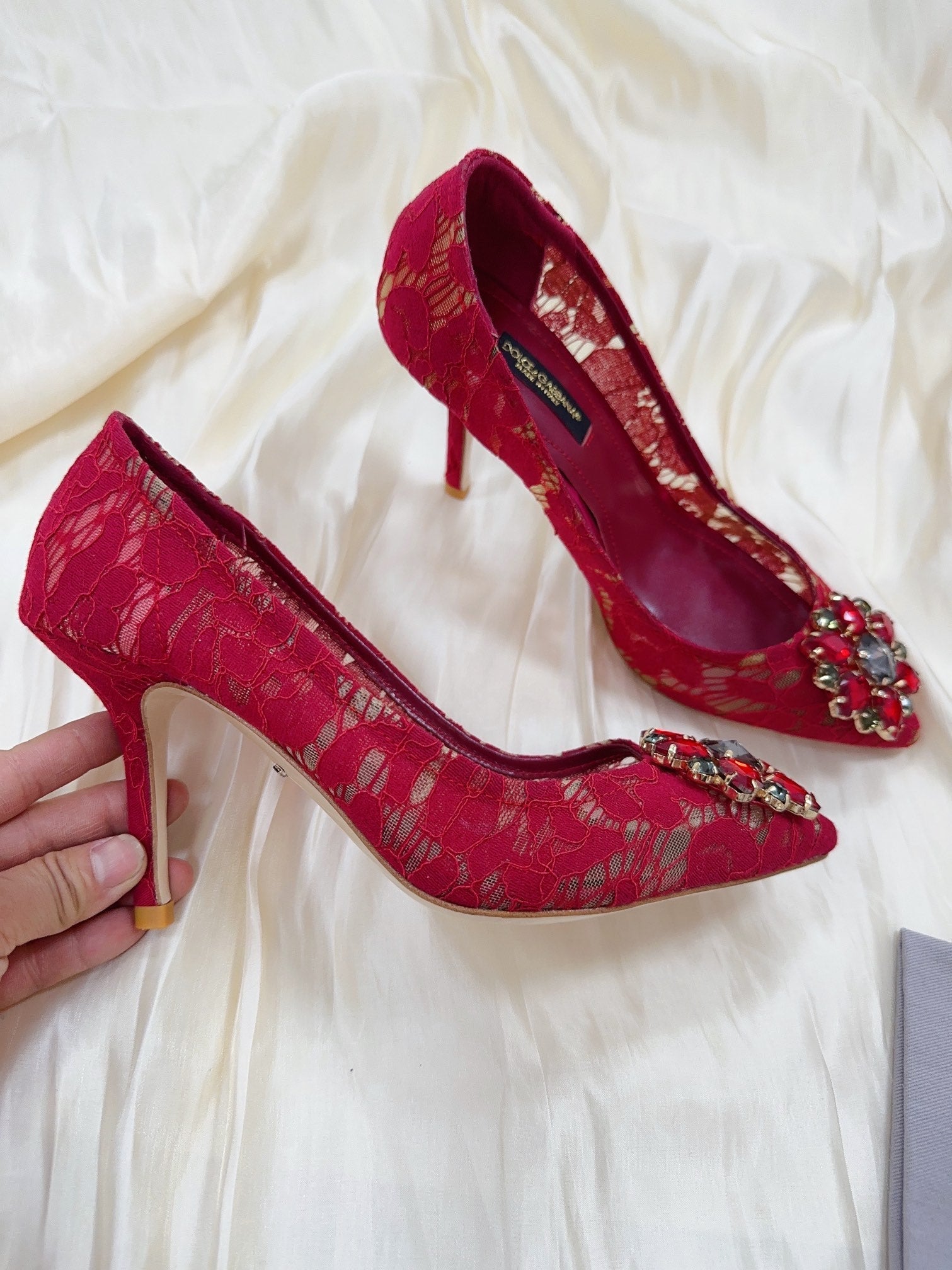DC Floral Crystal Pumps Red Genuine Leather & Lace 324771