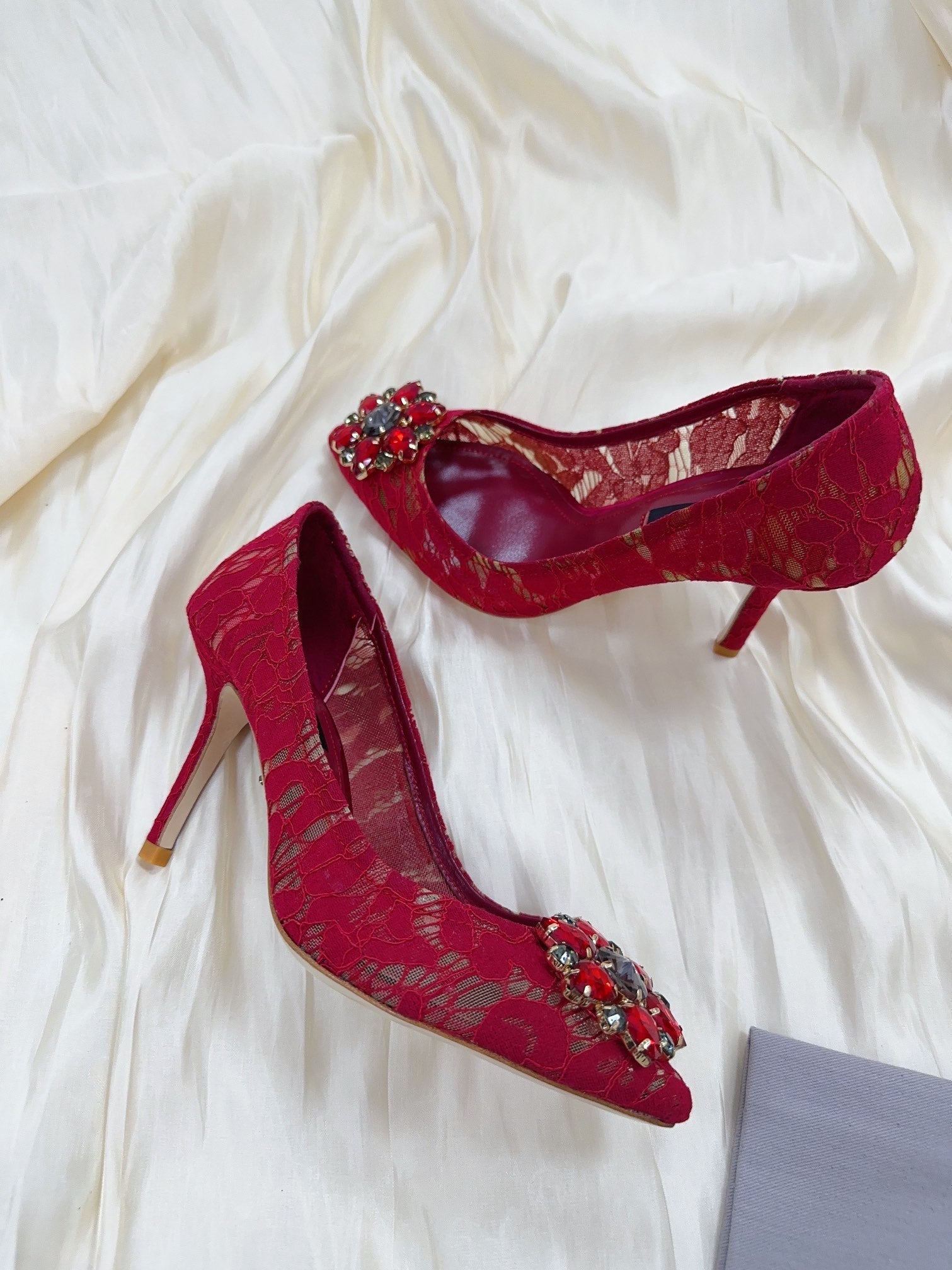 DC Floral Crystal Pumps Red Genuine Leather & Lace 324771