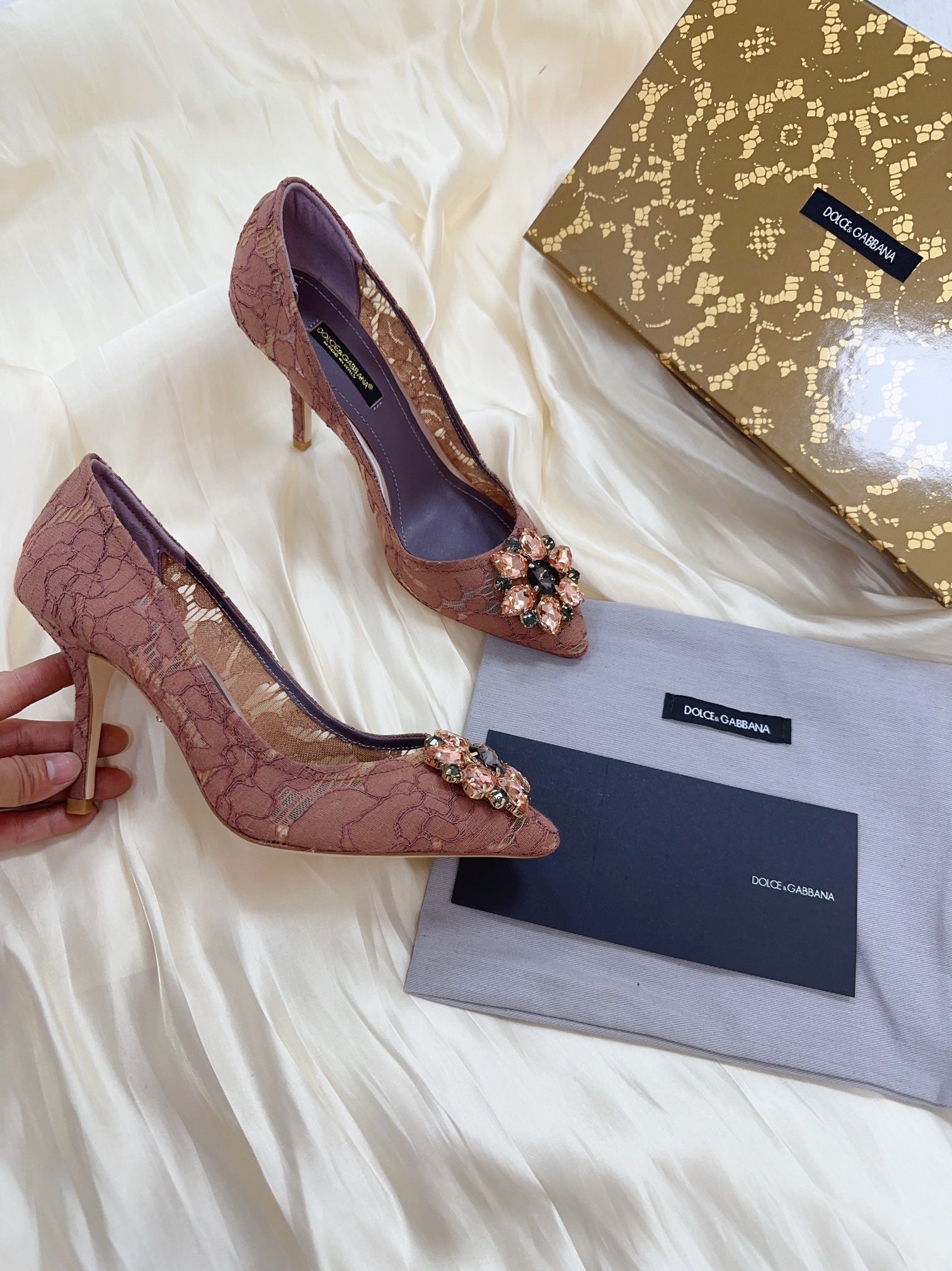 DC Floral Crystal Pumps Muted Red-Brown Genuine Leather & Lace 324773