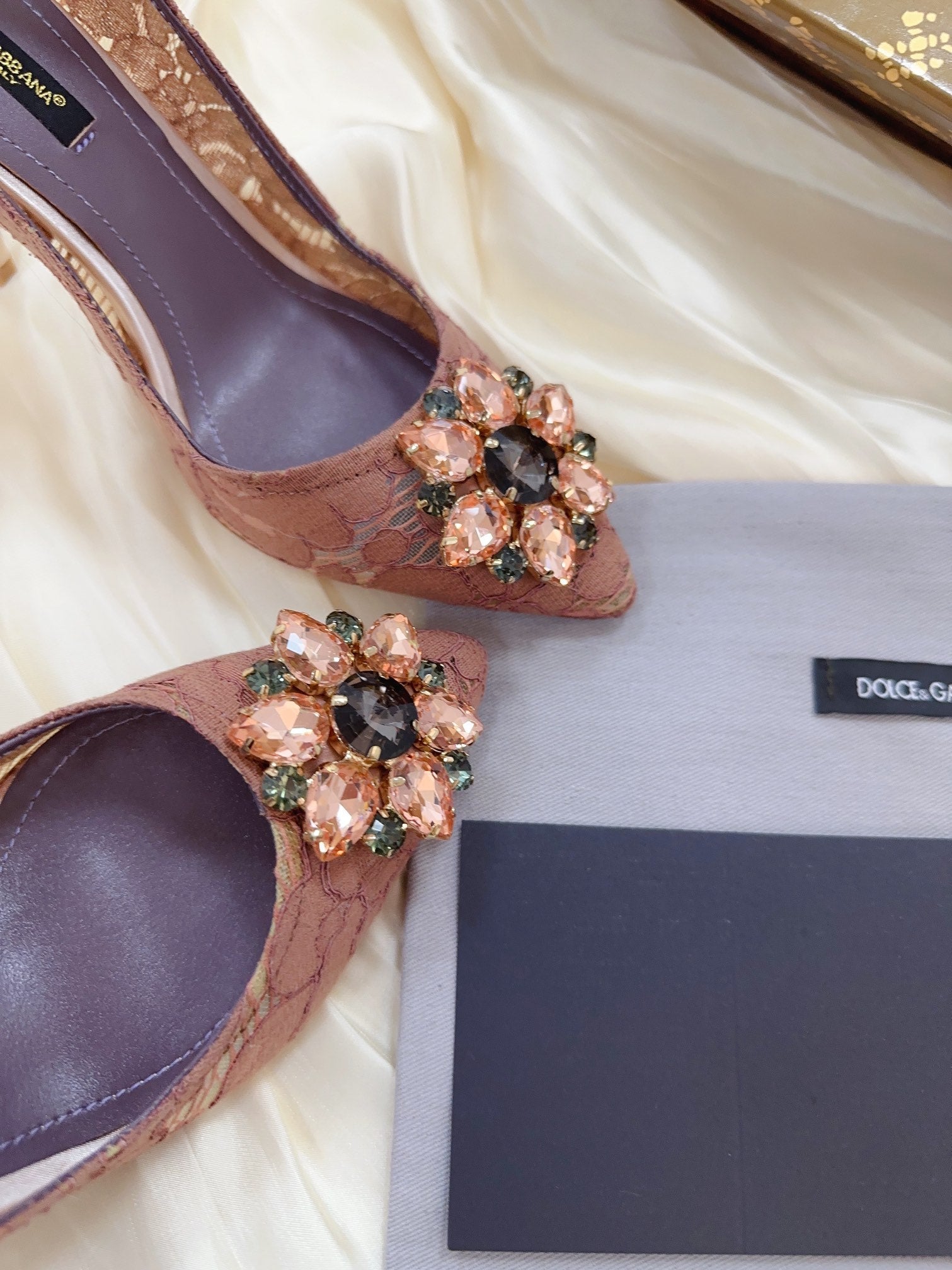 DC Floral Crystal Pumps Muted Red-Brown Genuine Leather & Lace 324773