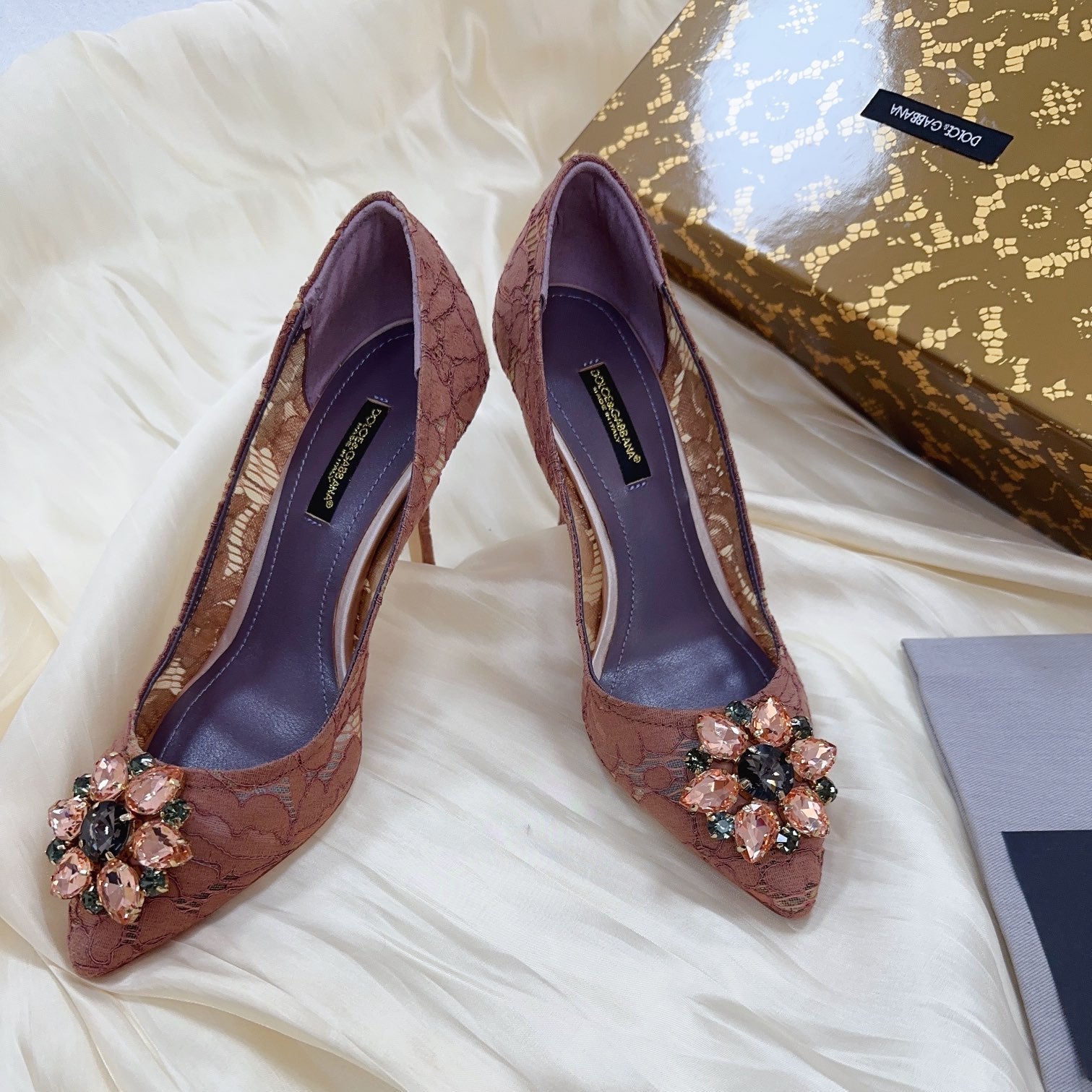 DC Floral Crystal Pumps Muted Red-Brown Genuine Leather & Lace 324773