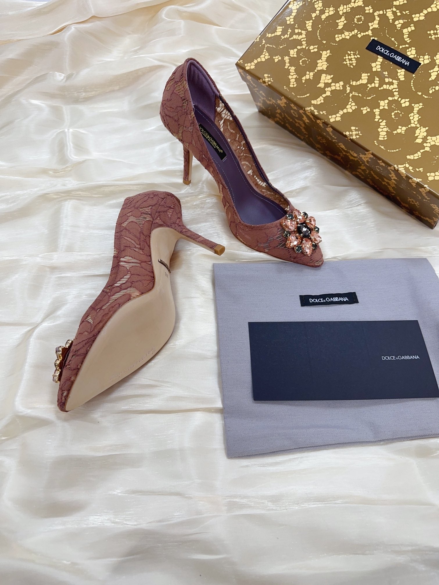 DC Floral Crystal Pumps Muted Red-Brown Genuine Leather & Lace 324773