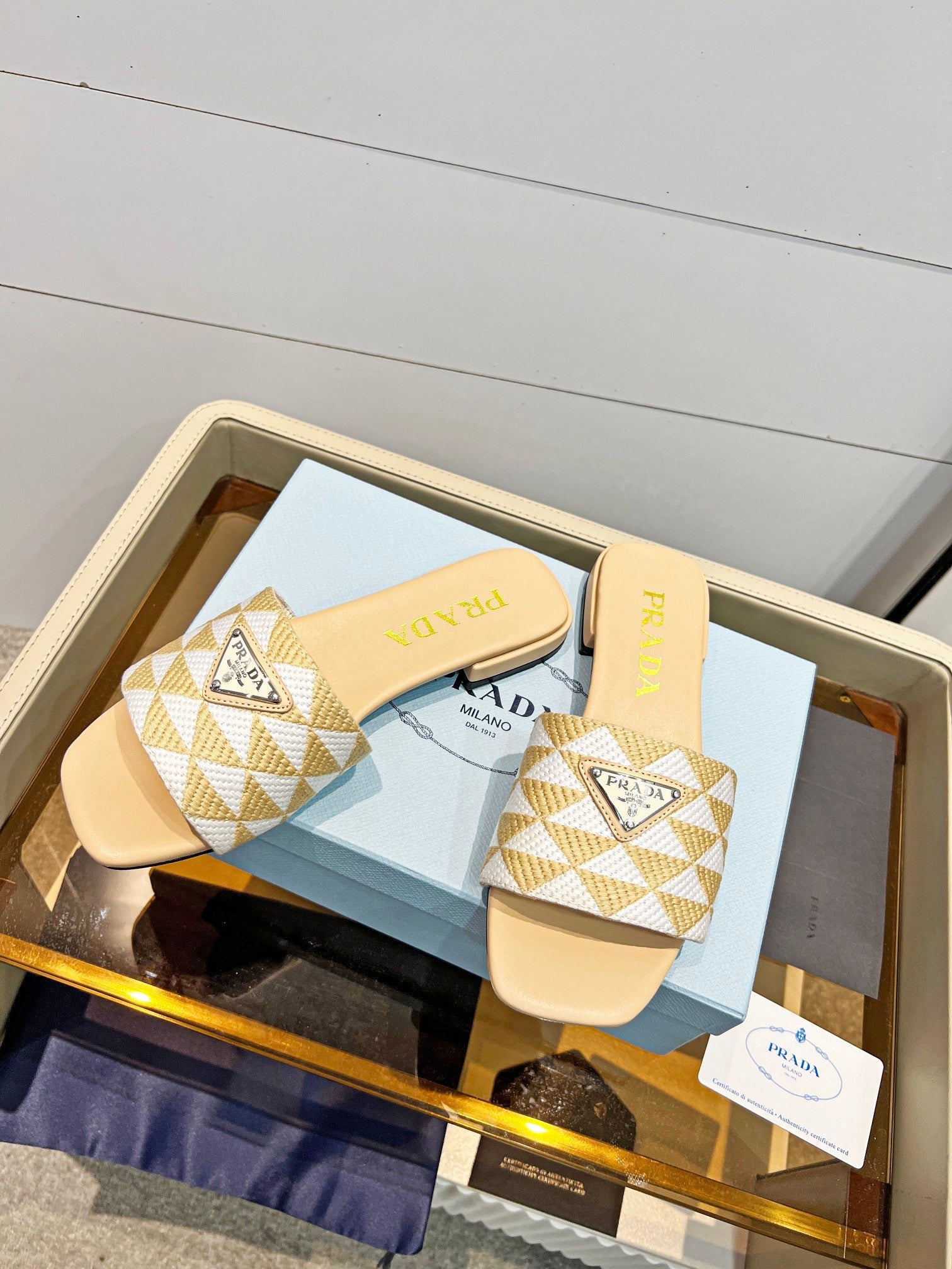 Prada 26s Enameled Metal Triangle Printed Slides White Beige Leather Cotton 986590