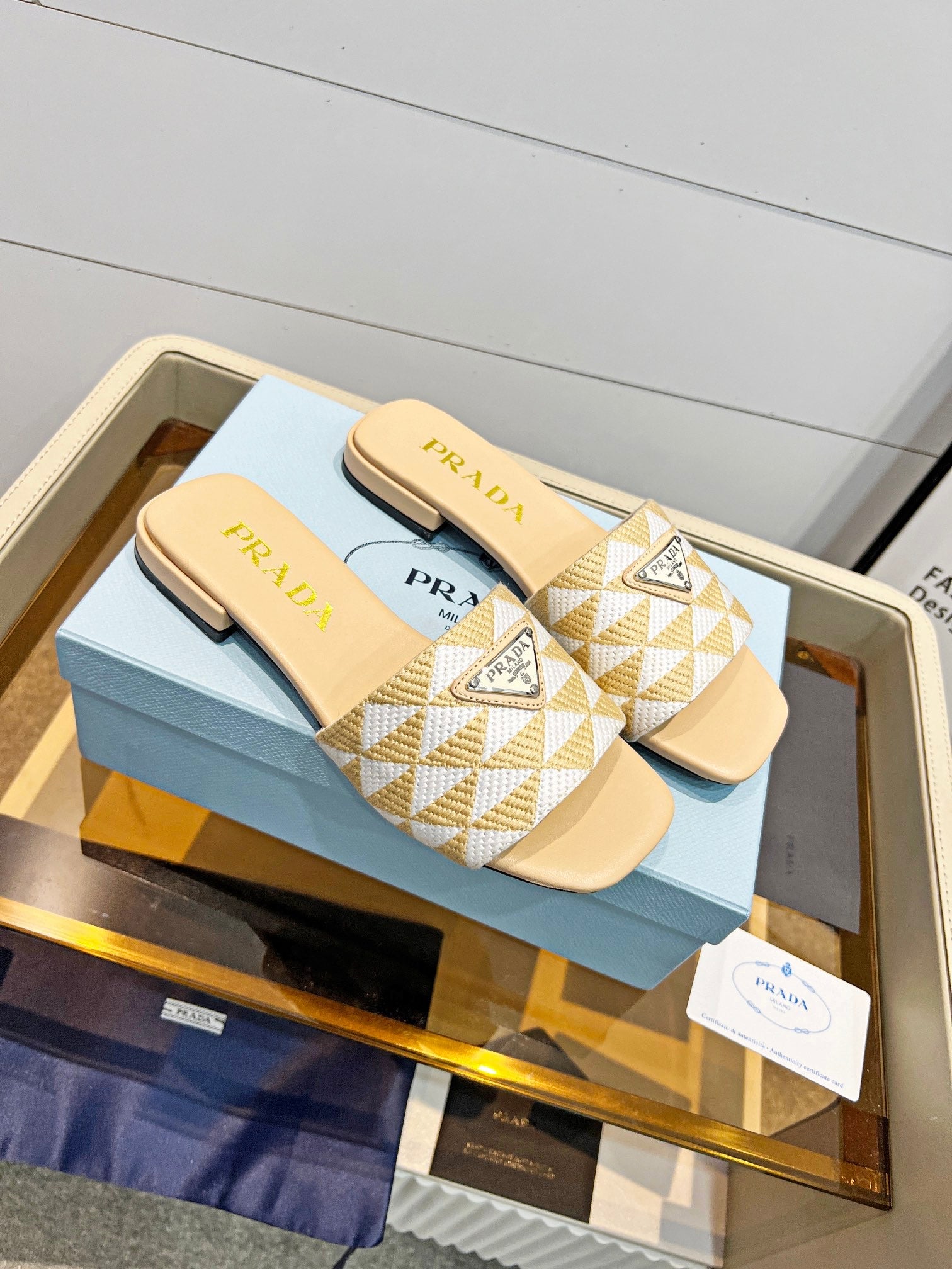 Prada 26s Enameled Metal Triangle Printed Slides White Beige Leather Cotton 986590