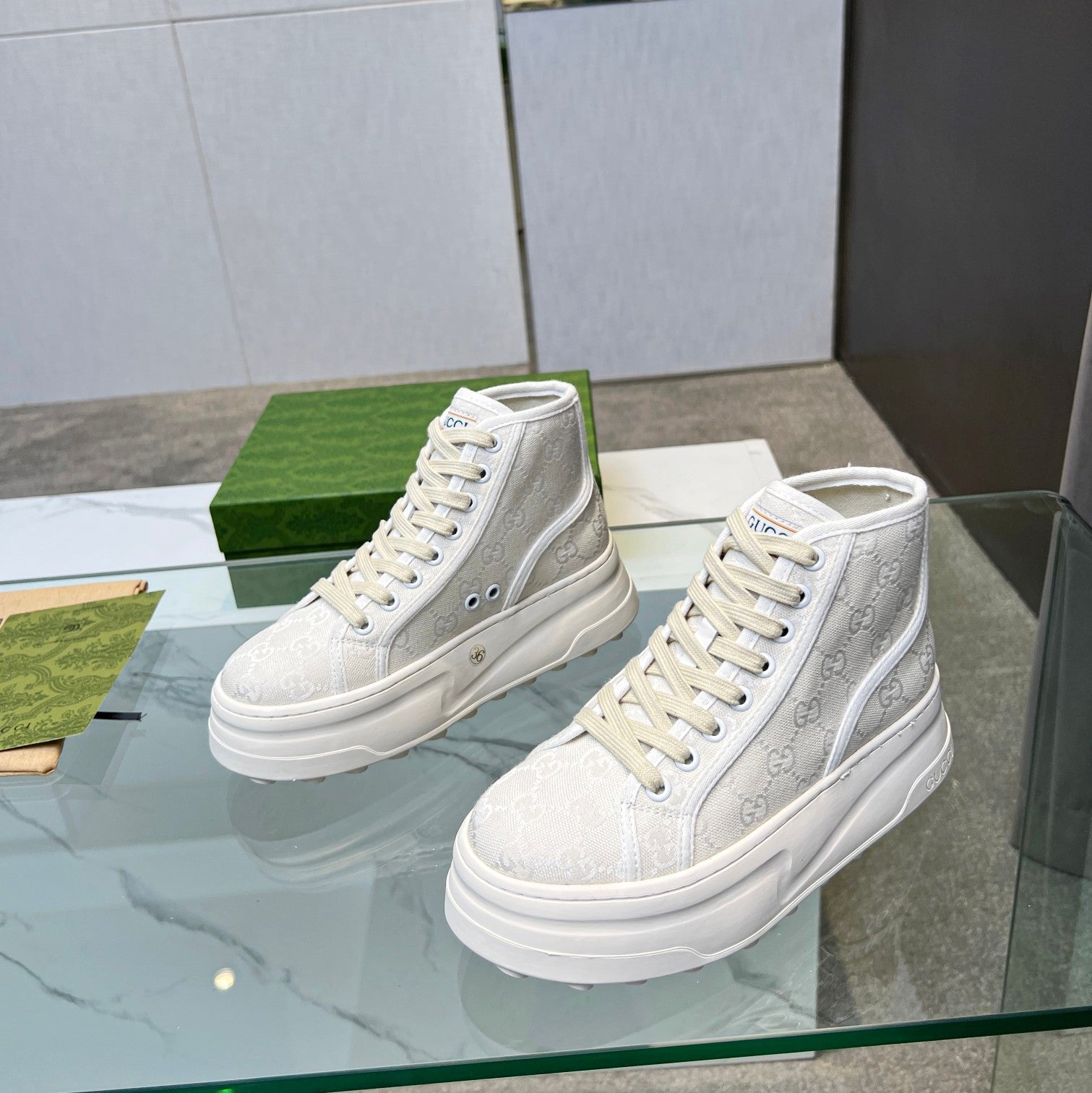 GG High Top Sneakers 50mm White Beige Canvas 457433