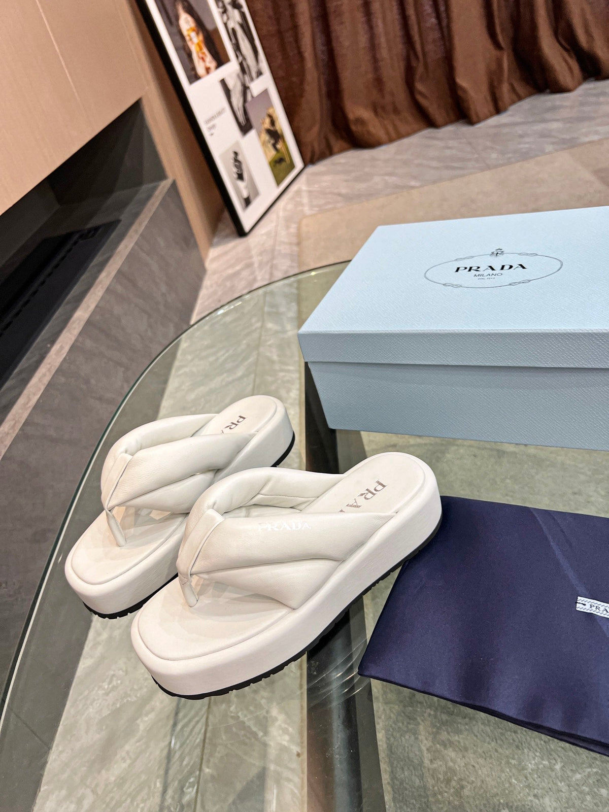 Prada 26s Platform Thong Sandals White Leather 140403