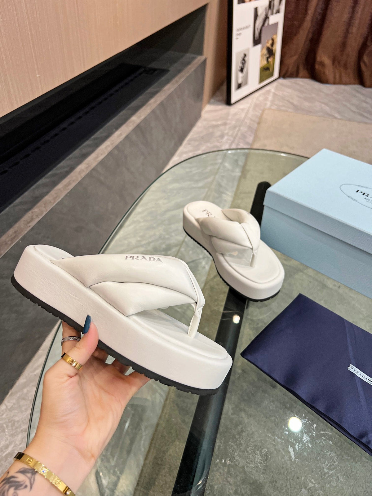 Prada 26s Platform Thong Sandals White Leather 140403