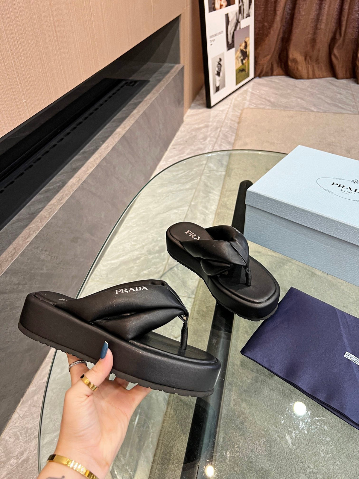 Prada 26s Platform Thong Sandals Black Leather 140404