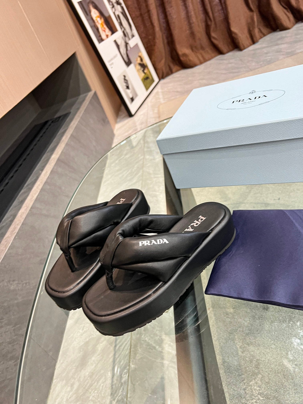 Prada 26s Platform Thong Sandals Black Leather 140404