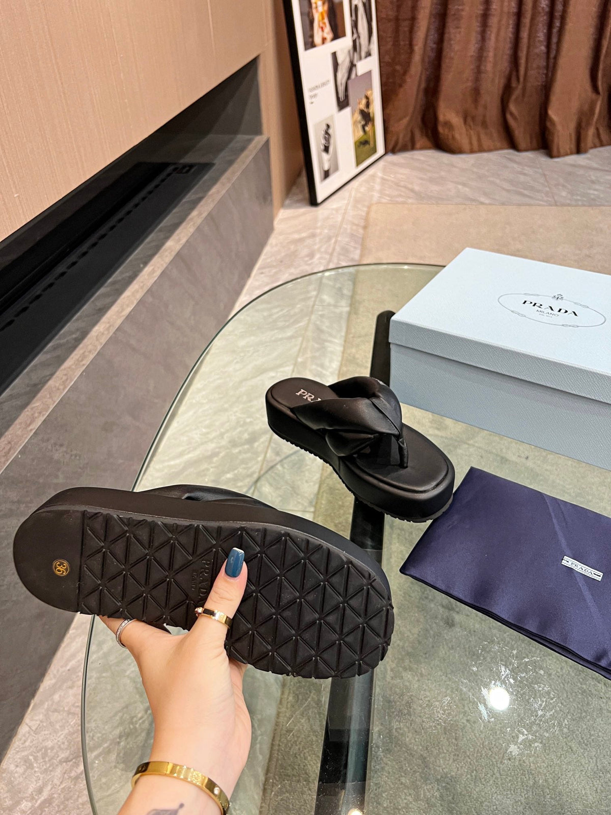 Prada 26s Platform Thong Sandals Black Leather 140404