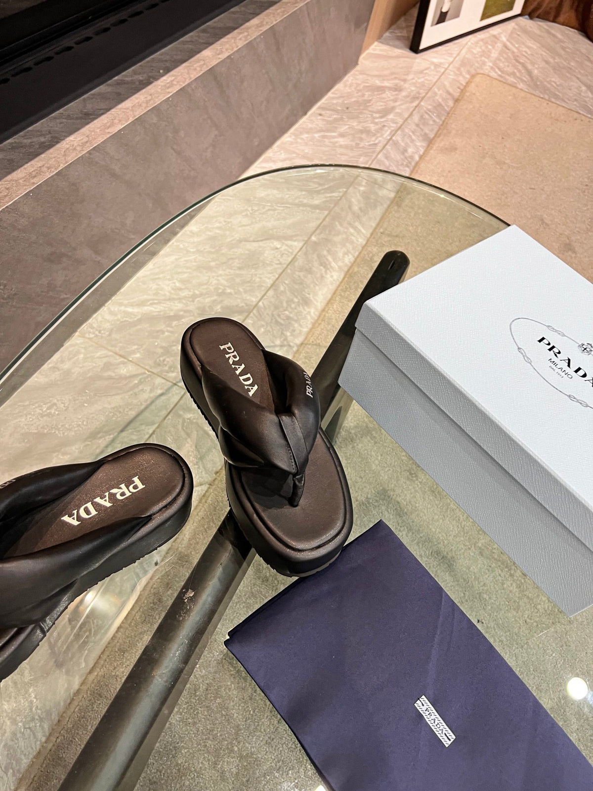 Prada 26s Platform Thong Sandals Black Leather 140404