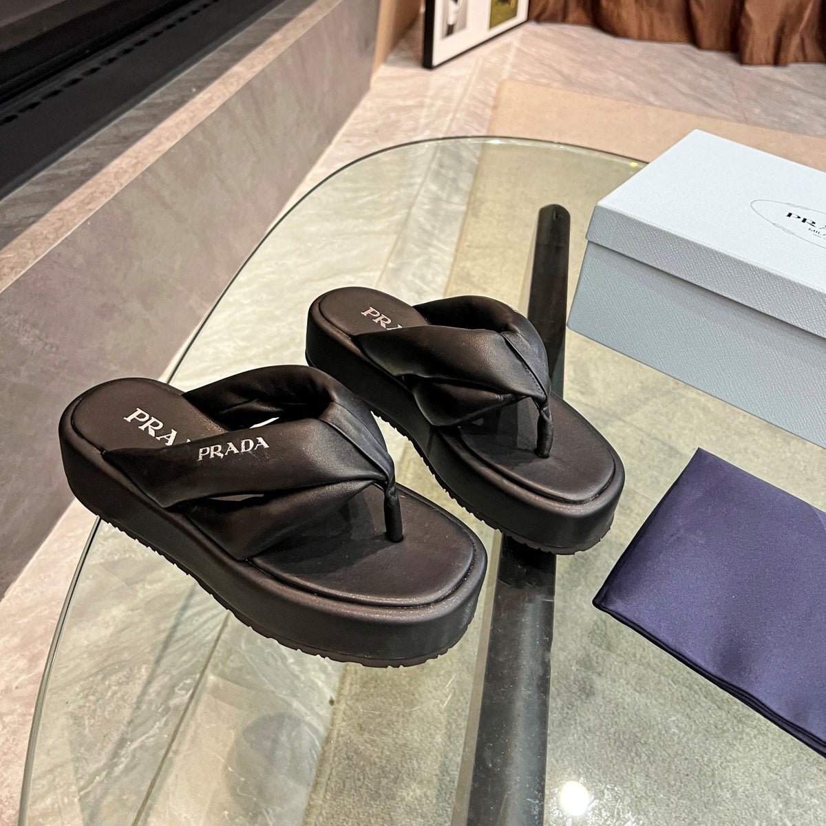 Prada 26s Platform Thong Sandals Black Leather 140404