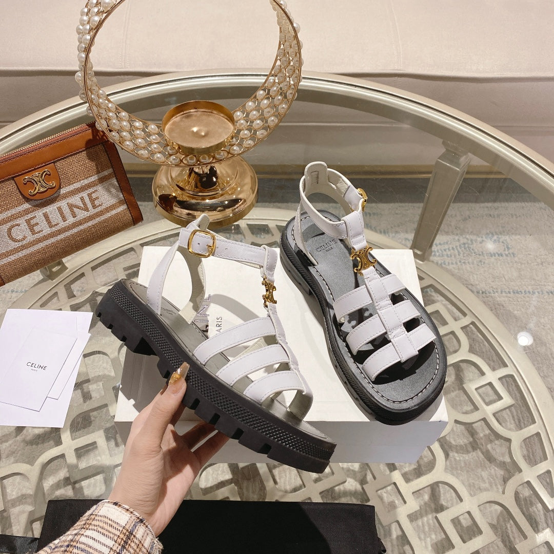 CL Clea Triomphe Gladiator Sandal 40mm White Black Calfskin 600371