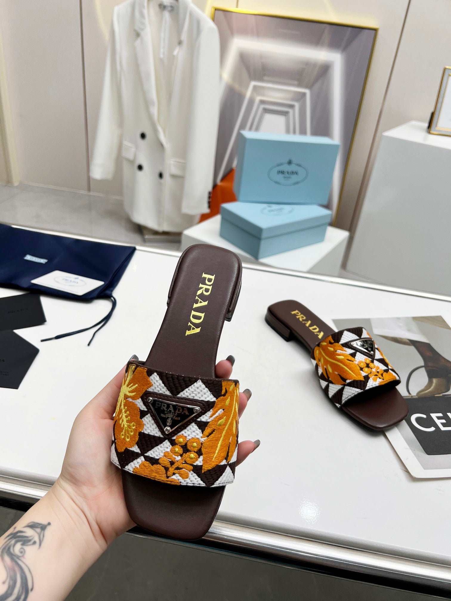 Prada 26s Floral Print Slides Brown Leather Cotton 986596