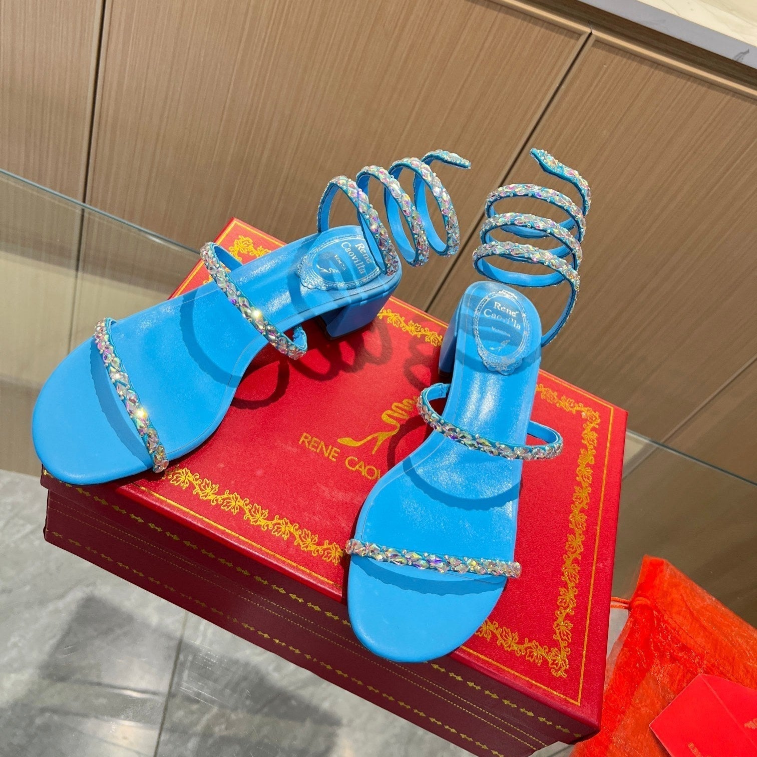 RC Diamond Sandals Blue Silk Creole Glass Diamond 341986