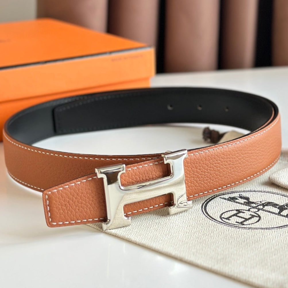 HM Silver H Buckle & Reversible 32mm Belt Brown mix Black leather 124655