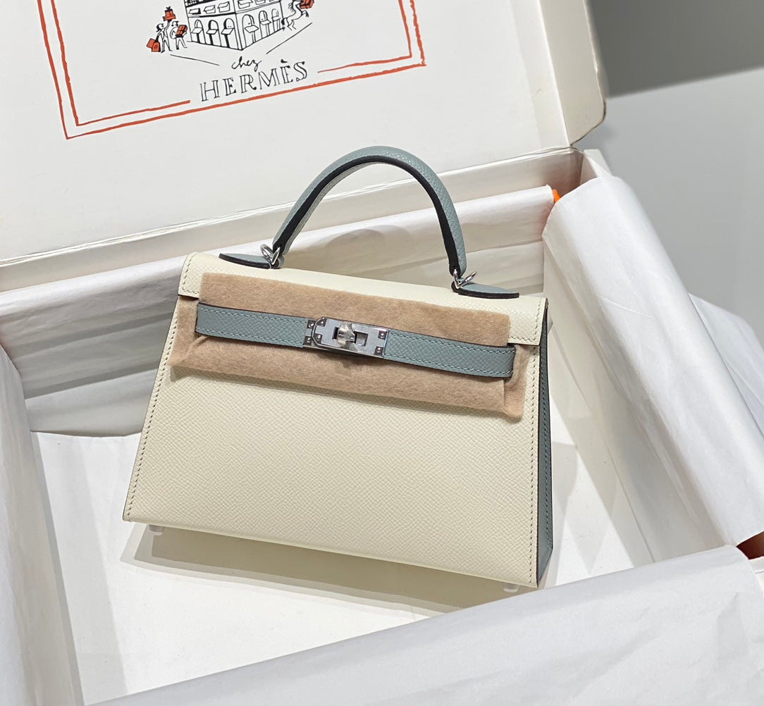 HM Mini Kelly 19cm Cream Cloud Blue Epsom Silver Hardware