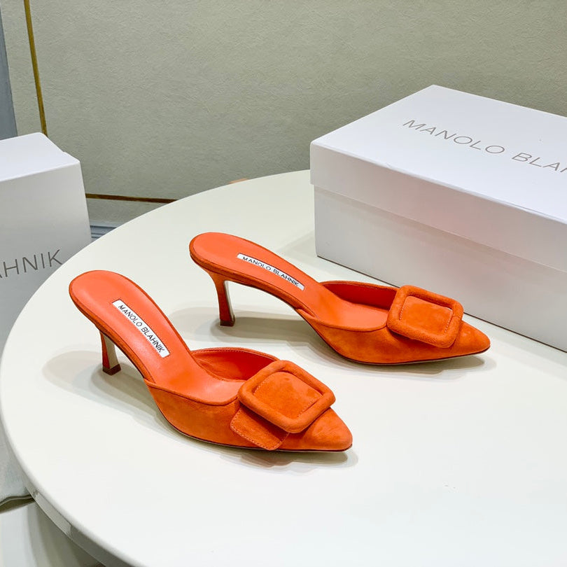 Manolo Mules 7cm Orange Suede Leather Bottom 451189