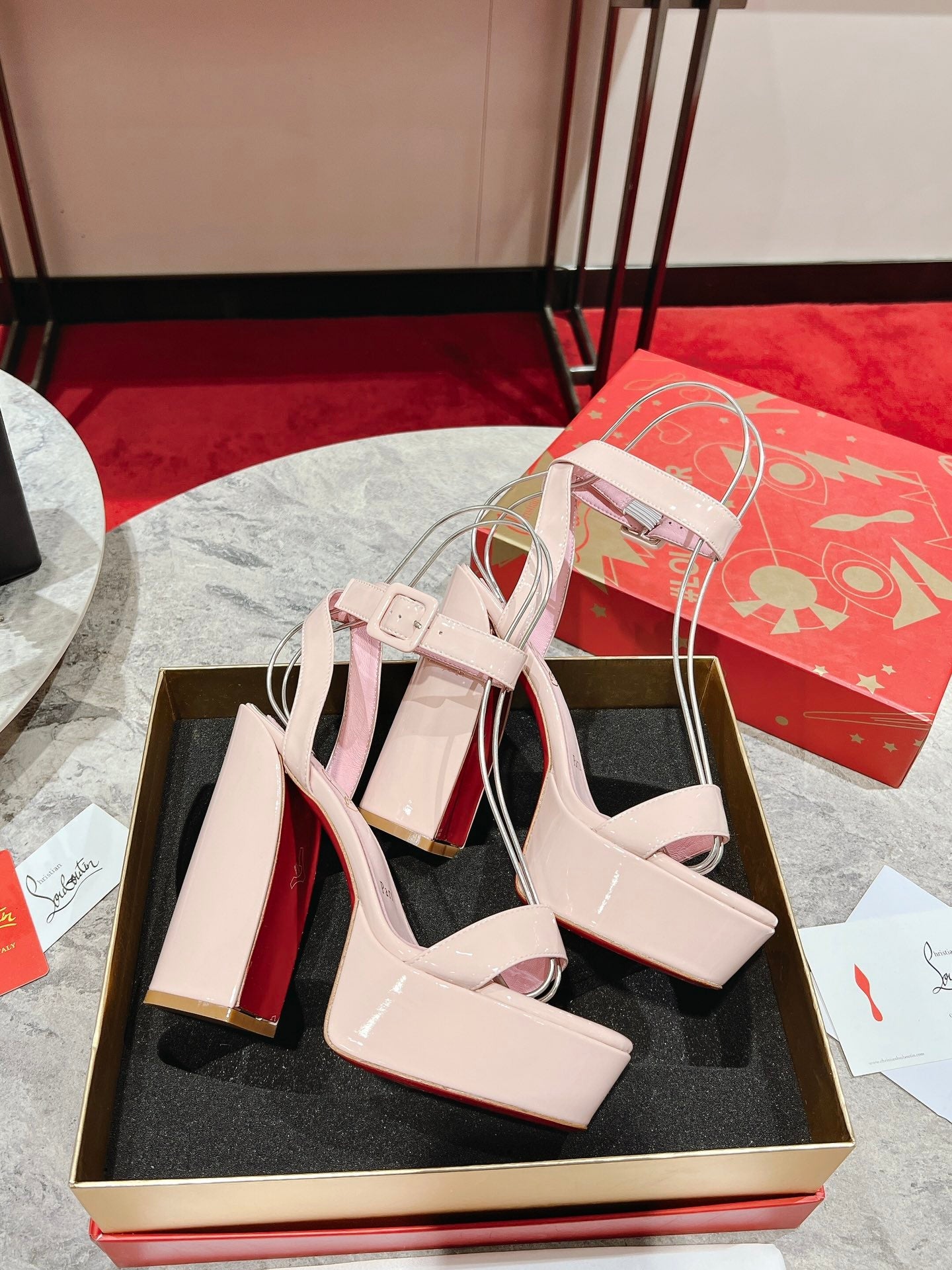 CL Loubi Bee Alta Sandal 13cm Pink Leather 825355