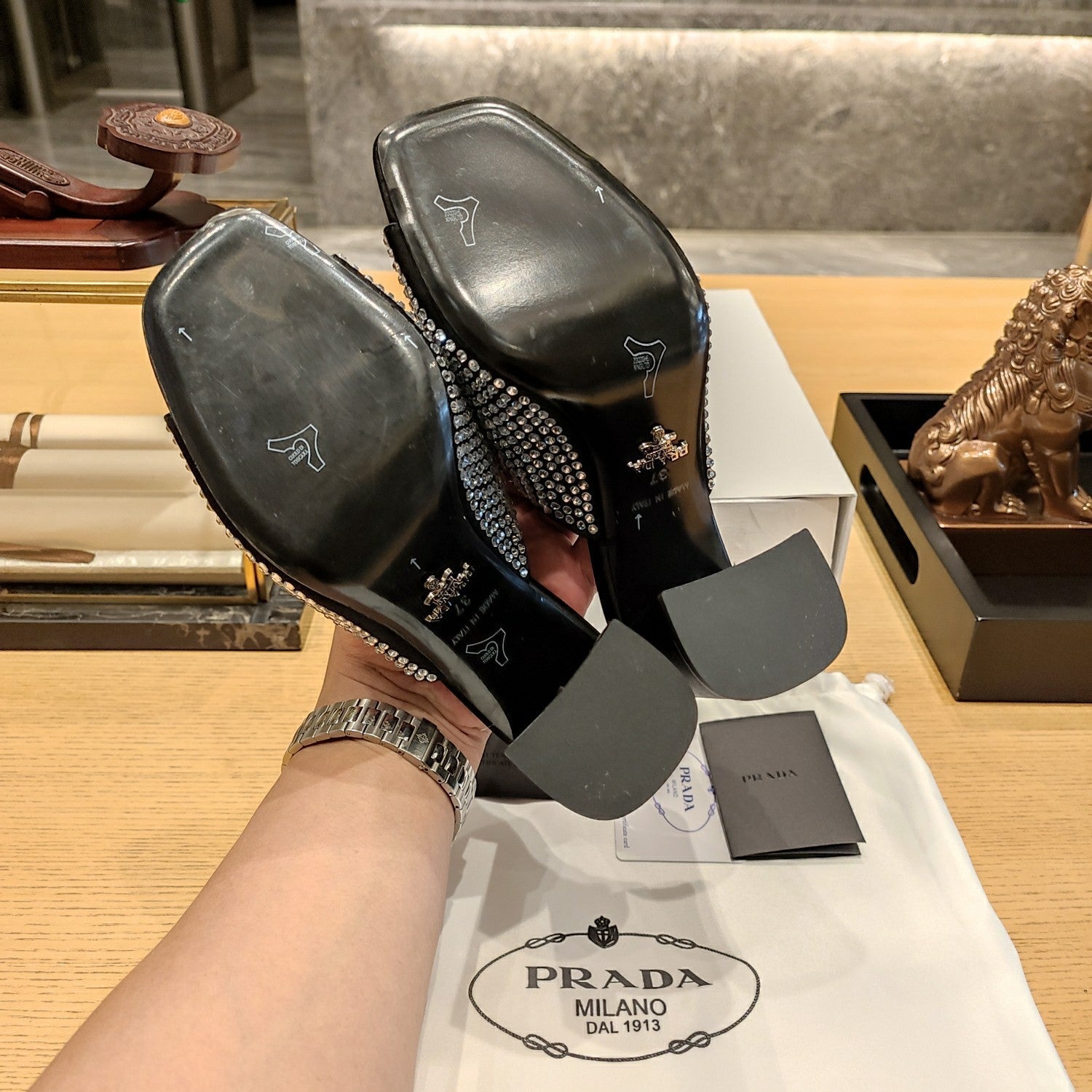 Prada 26S Open-Toe Crystal-Embellished Mules 100mm in Black Satin
