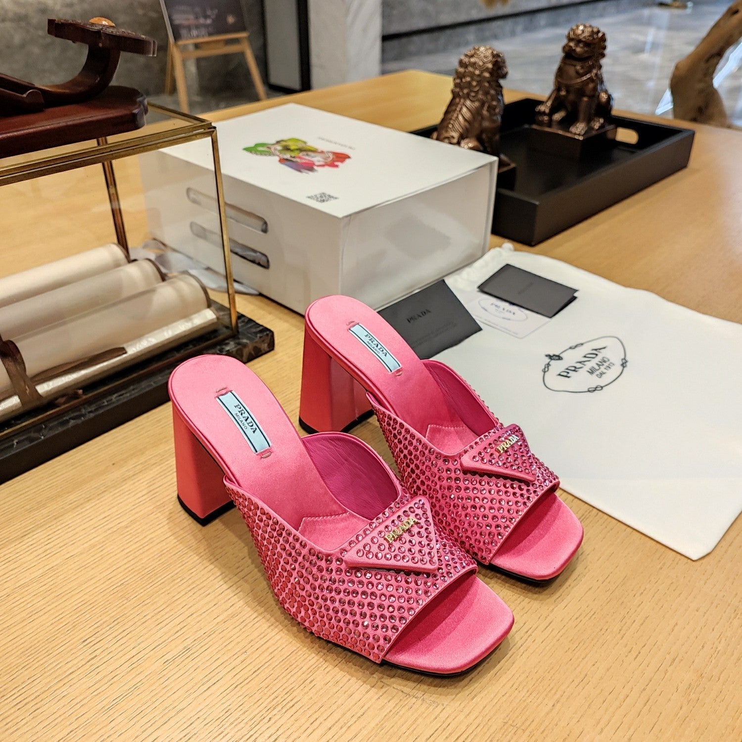 Prada 26S Open-Toe Crystal-Embellished Mules 100mm in Fuchsia Pink Satin