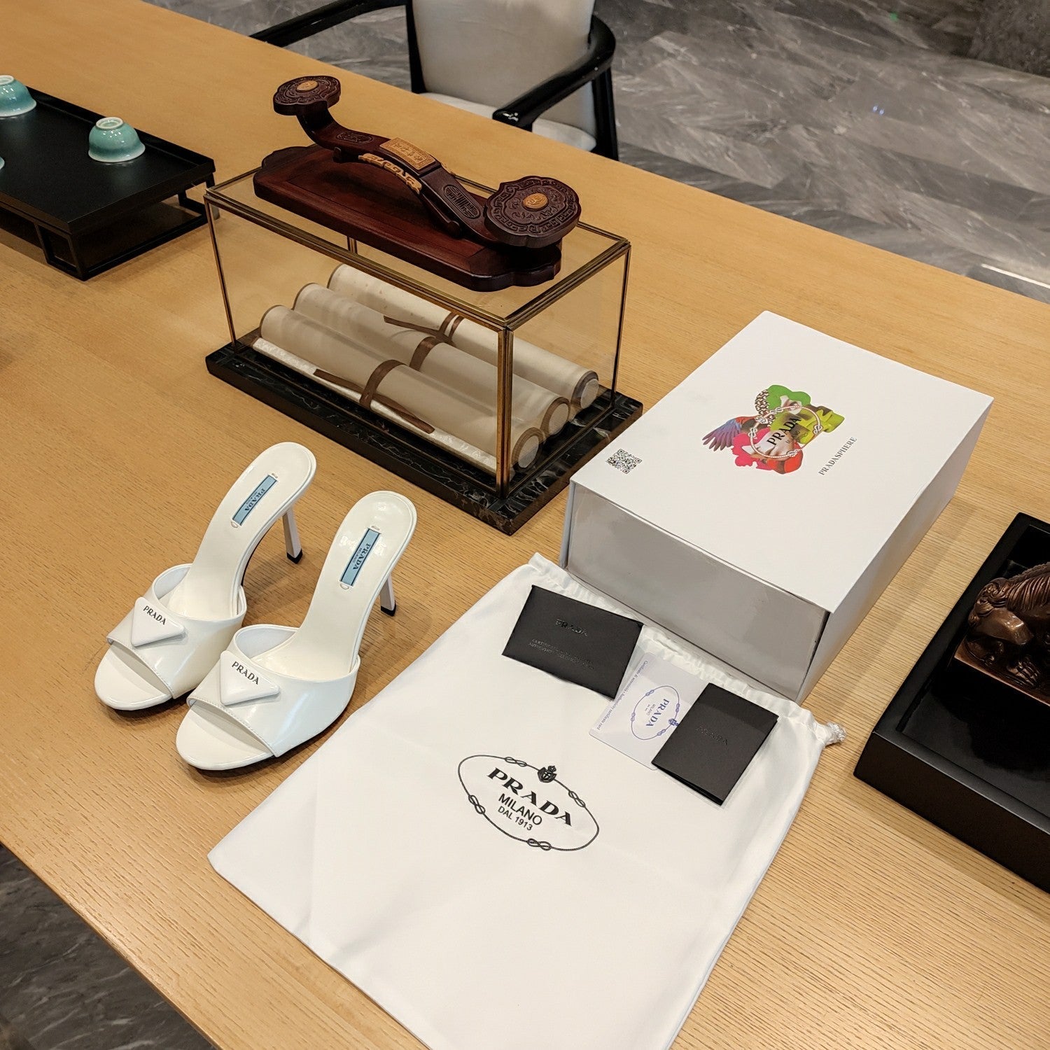 Prada 26S Open-Toe Mules 100mm in Ivory White Patent Calfskin with Logo
