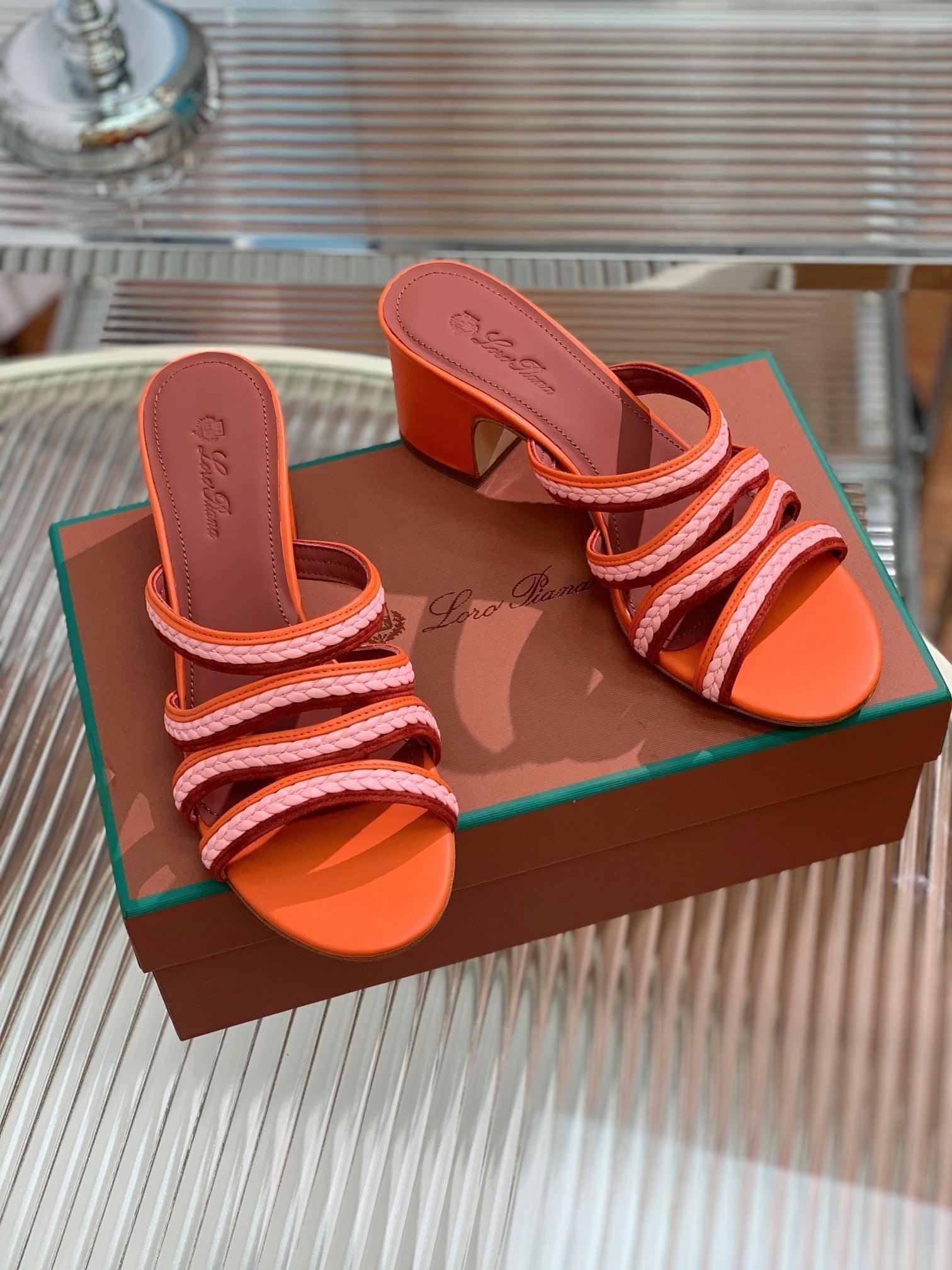 High Hee 60 Sprightly Charms Mule Sandal Orange Pink Maroon Calfskin