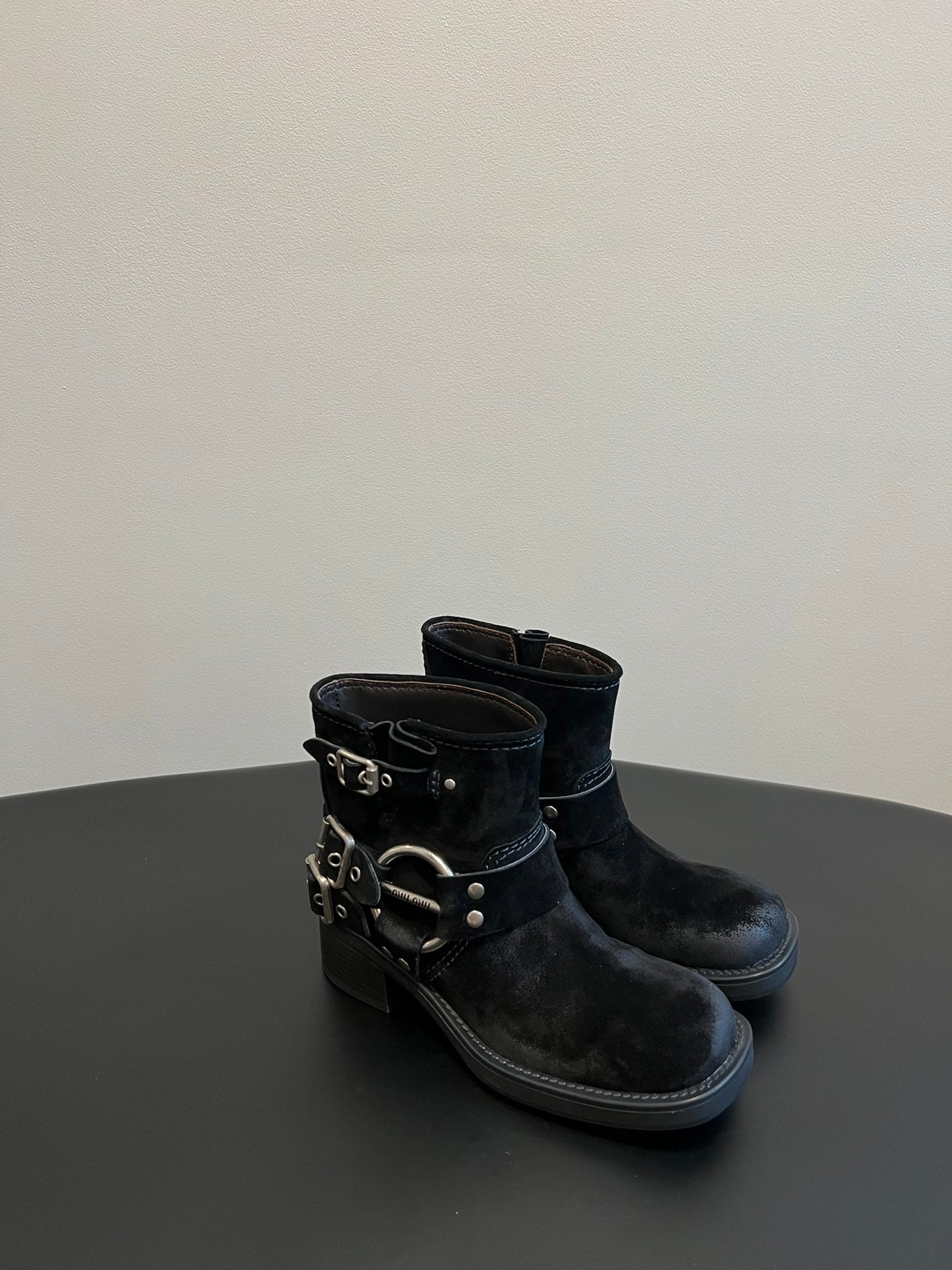 Miu 26s Ankle Boots In Black Suede Silver Hardware