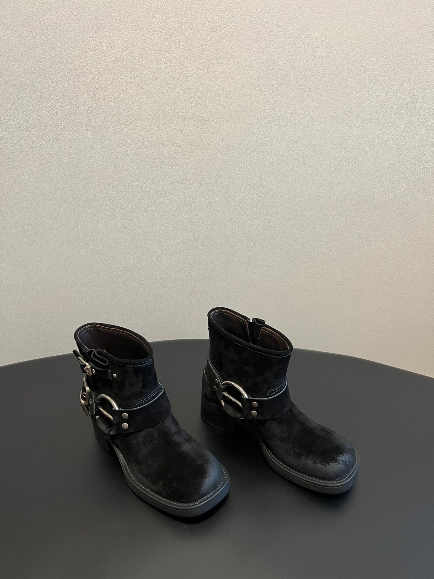 Miu 26s Ankle Boots In Black Suede Silver Hardware