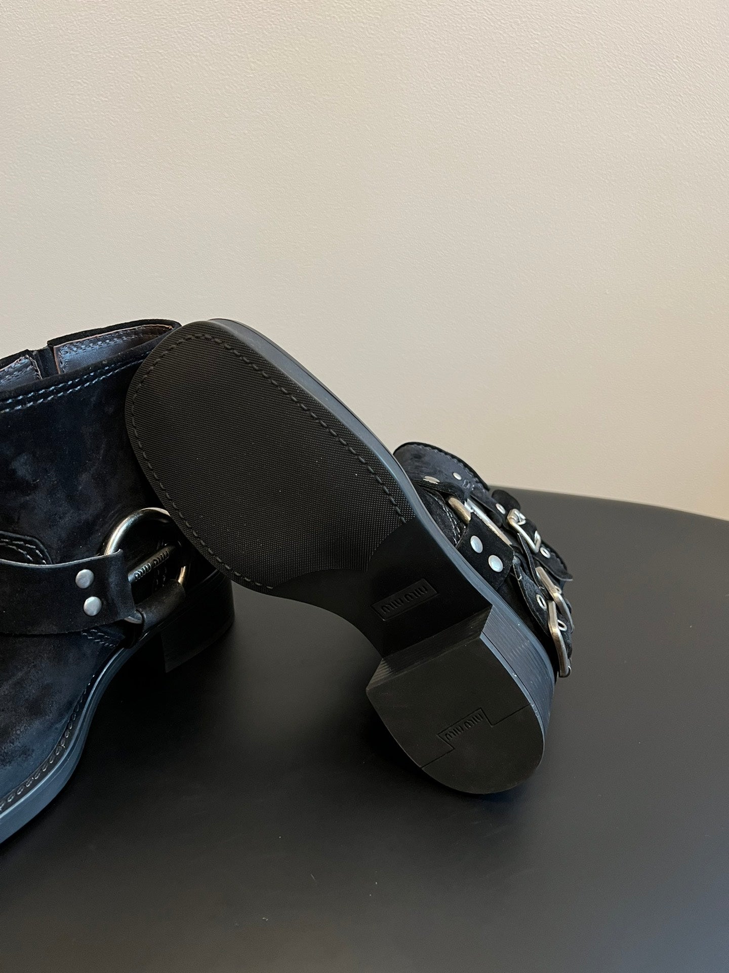 Miu 26s Ankle Boots In Black Suede Silver Hardware