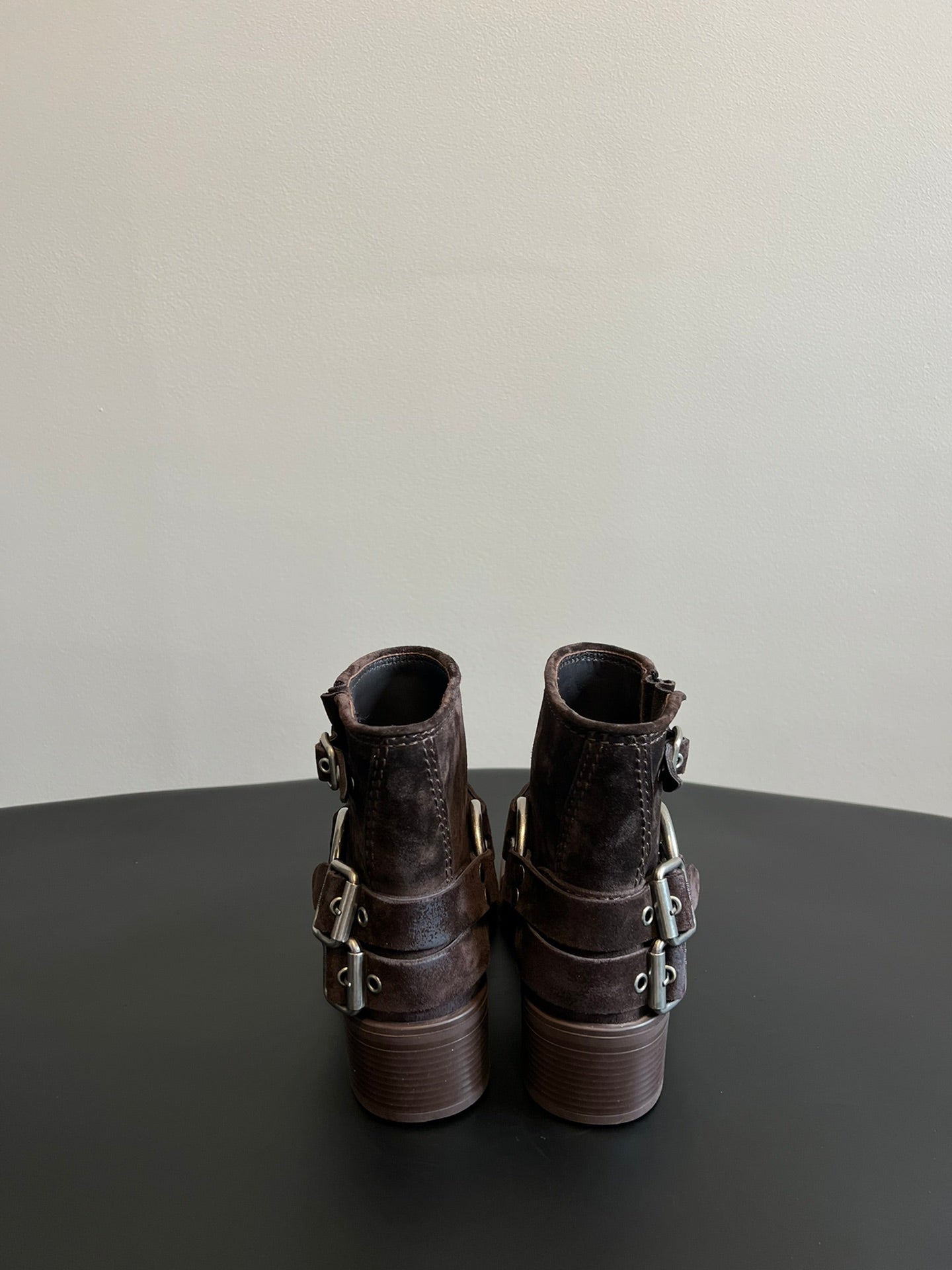 Miu 26s Ankle Boots In Dark Brown Suede Silver Hardware