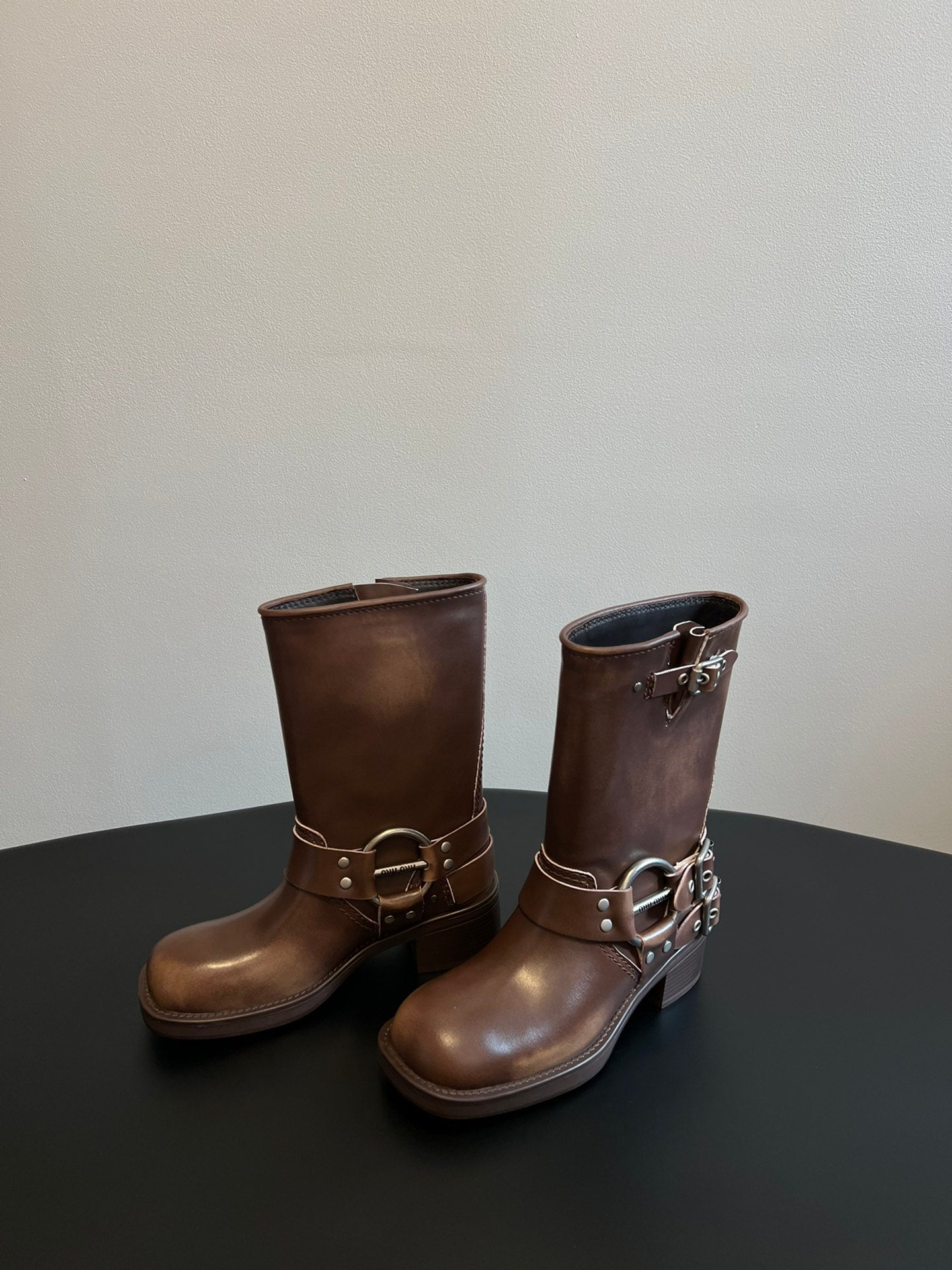 Miu 26s Mid-Calf Boots In Brown Calfskin Silver Hardware