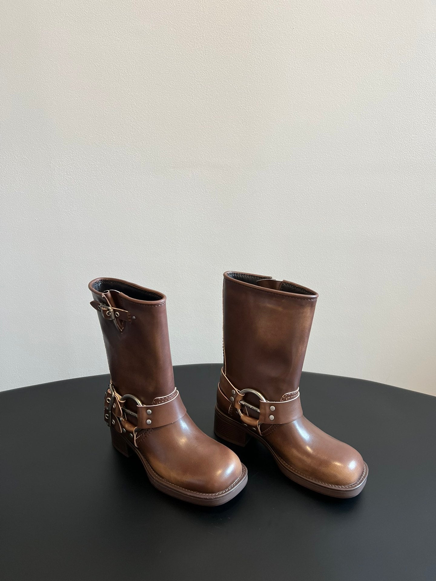 Miu 26s Mid-Calf Boots In Brown Calfskin Silver Hardware