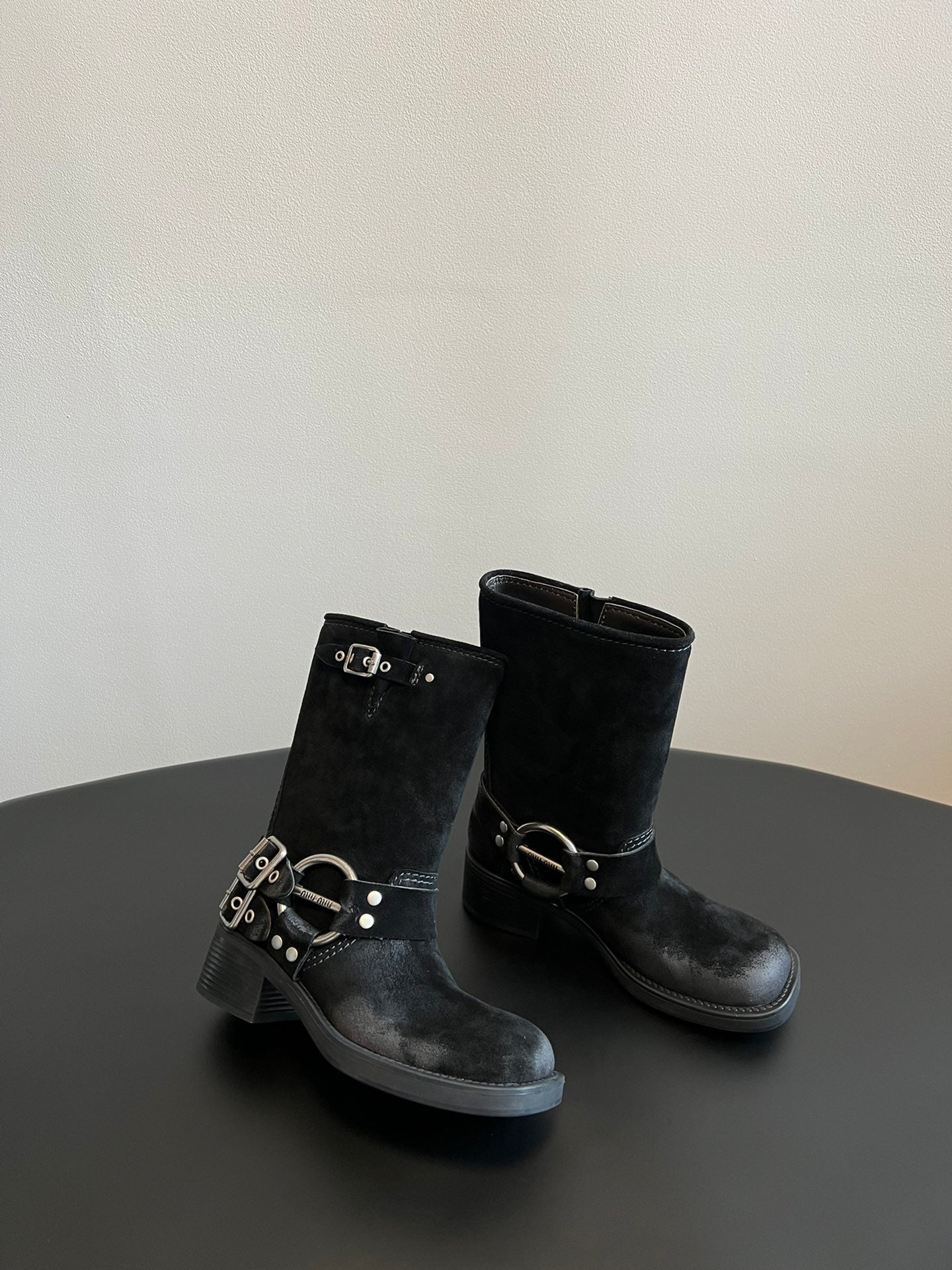 Miu 26s Mid-Calf Boots In Black Suede Silver Hardware