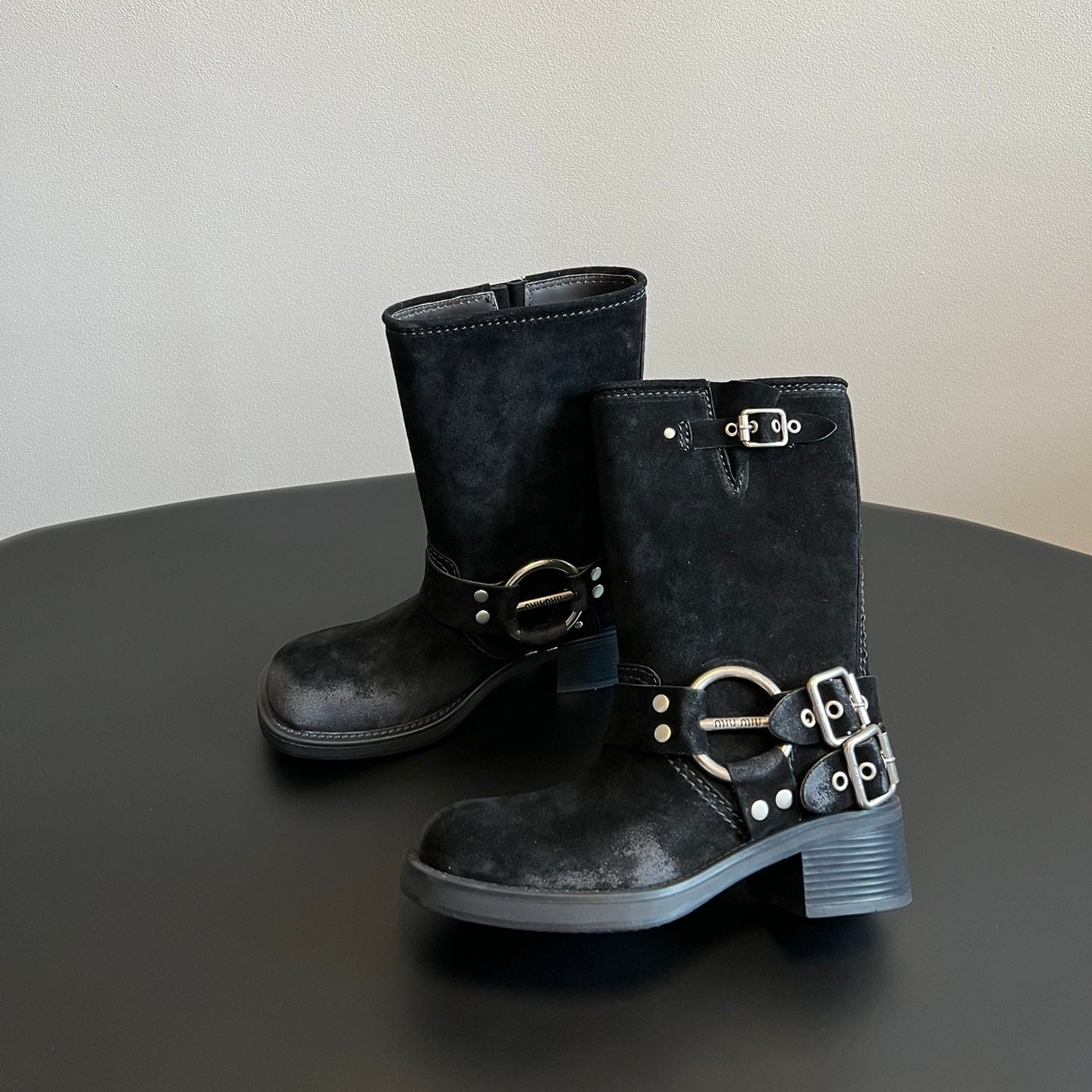 Miu 26s Mid-Calf Boots In Black Suede Silver Hardware