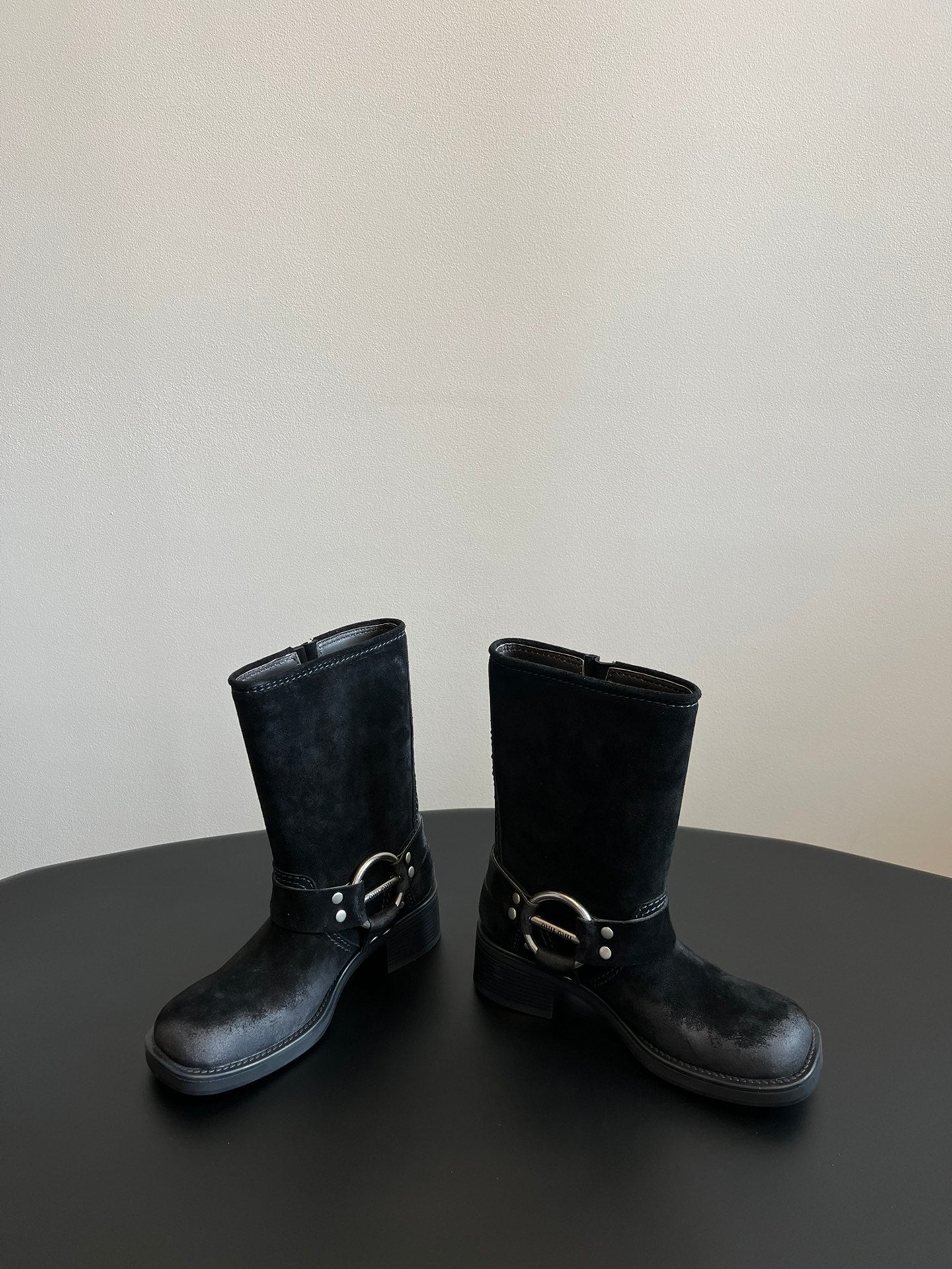 Miu 26s Mid-Calf Boots In Black Suede Silver Hardware