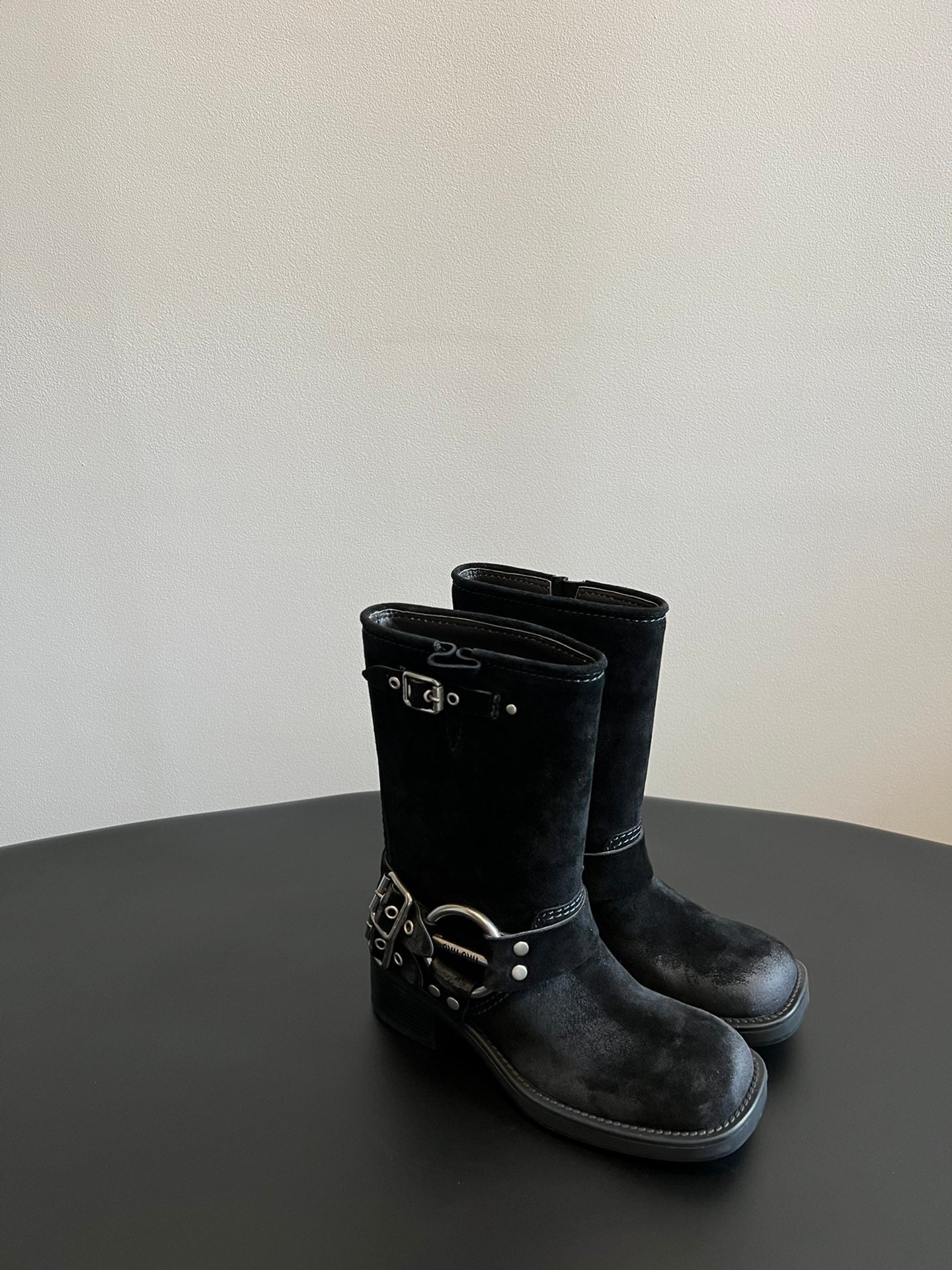 Miu 26s Mid-Calf Boots In Black Suede Silver Hardware