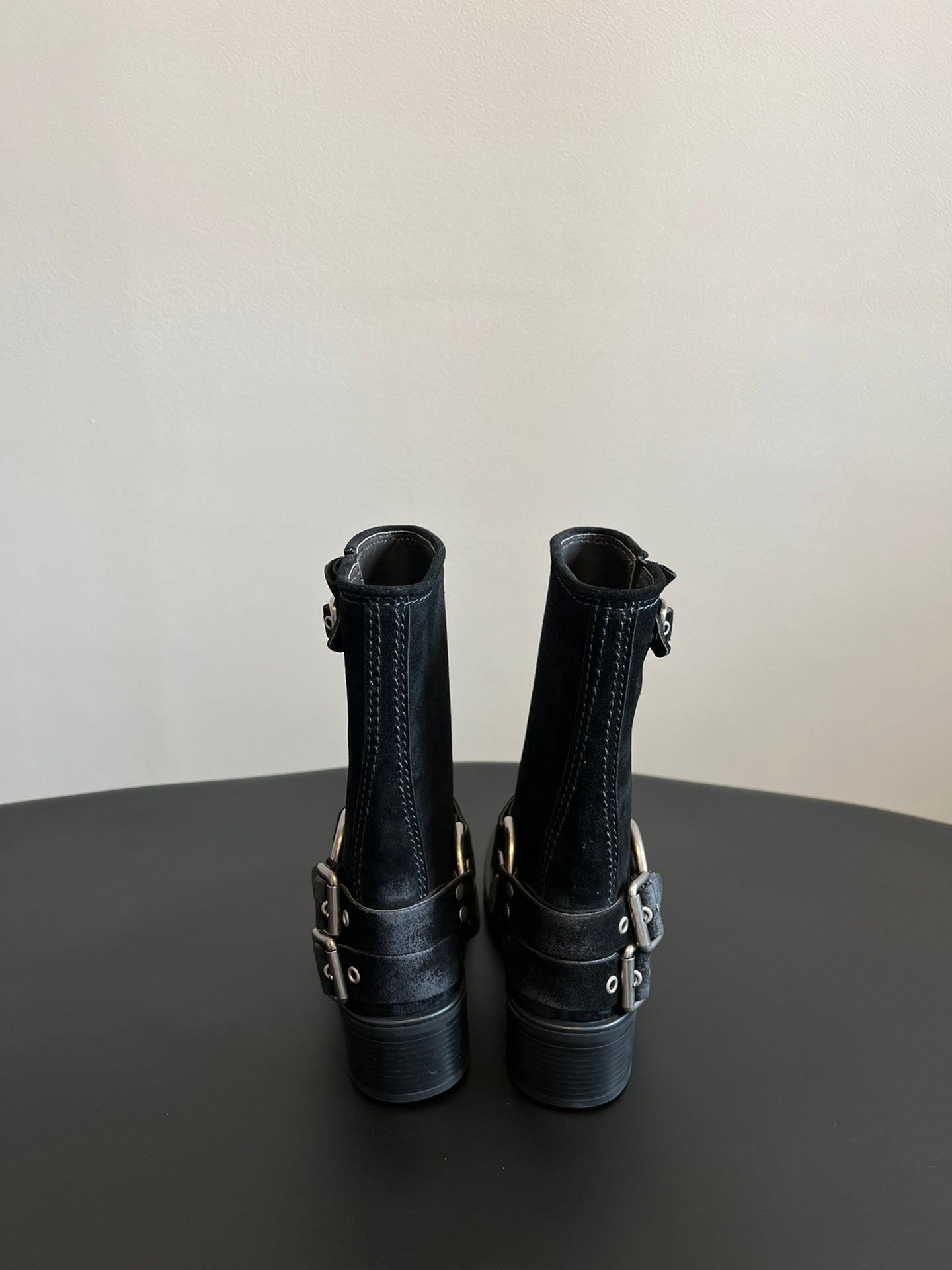 Miu 26s Mid-Calf Boots In Black Suede Silver Hardware