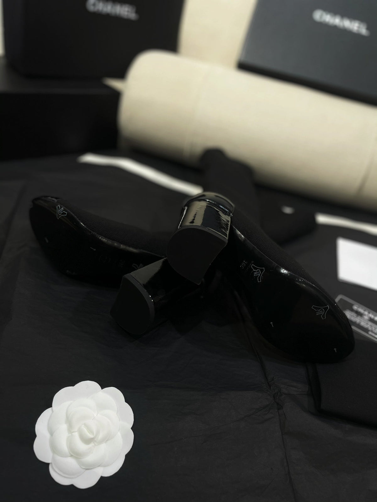 Chanel 26s Sock Boots 8.5cm Black Knit Patent Leather 156615